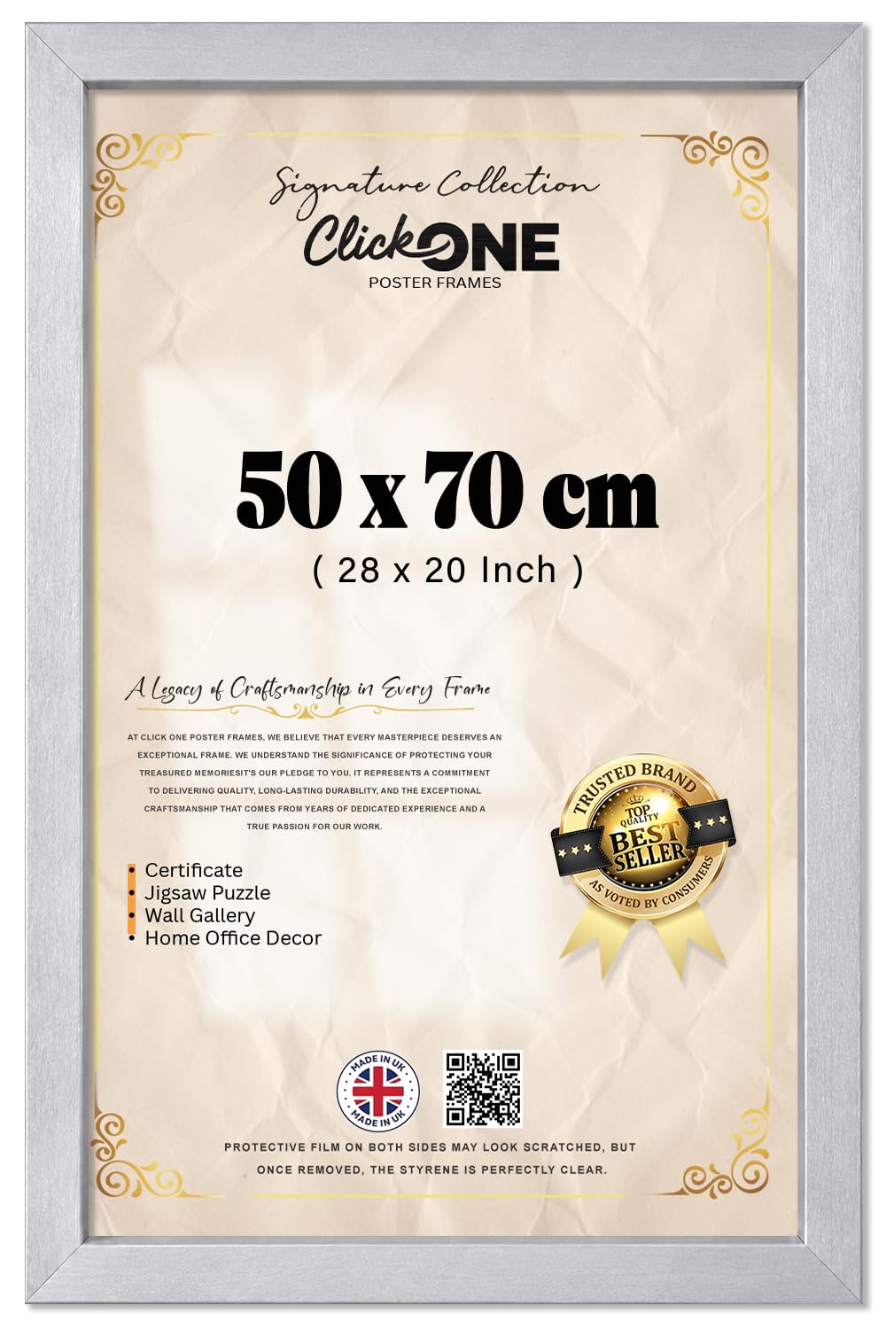 Click One Picture Frame 50 X 70 CM 28 X 20 Inch Silver Wall Mounting Horizontal Or Vertical For Photos Paintings Posters Artwork Living Room Decor With Easy Hanging Hardware And Slim Profile