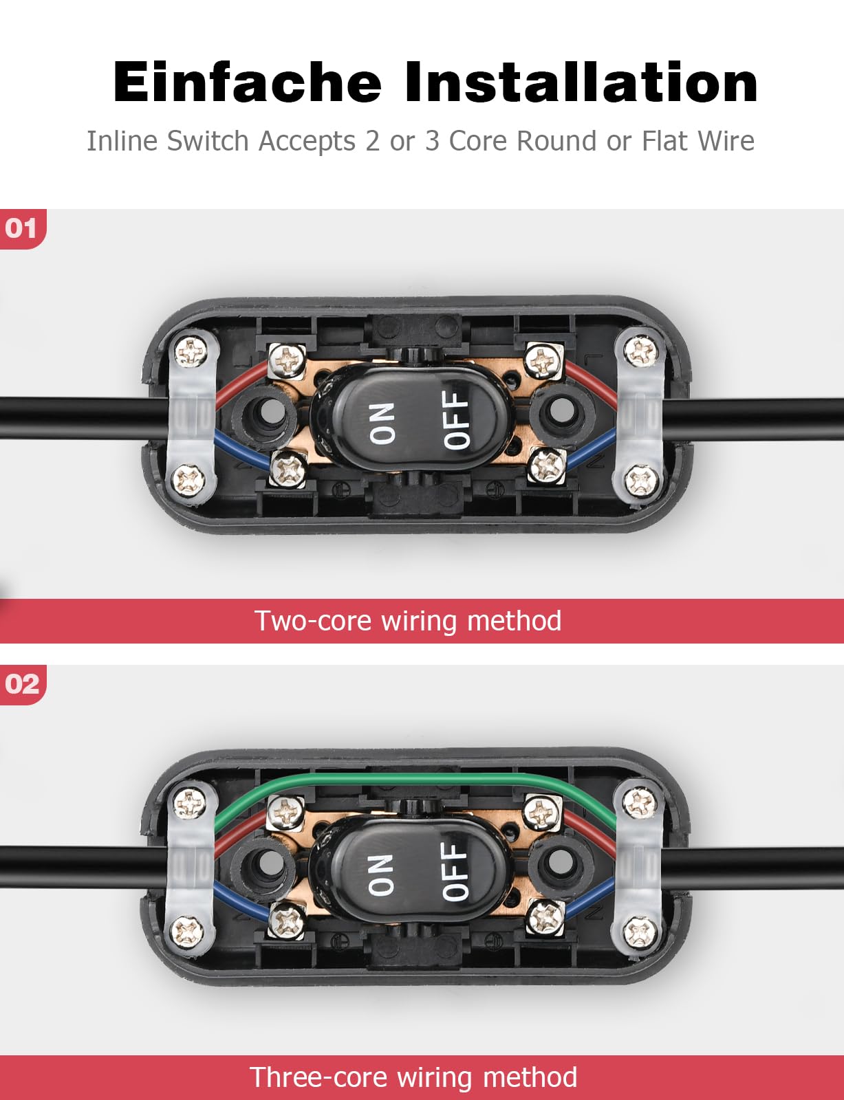 Lot de 3 interrupteurs à bascule en ligne 6 A 250 V pour câbles d'alimentation à 2 et 3 fils, compatible avec tous les types de lampes électriques, lampes de table, noir