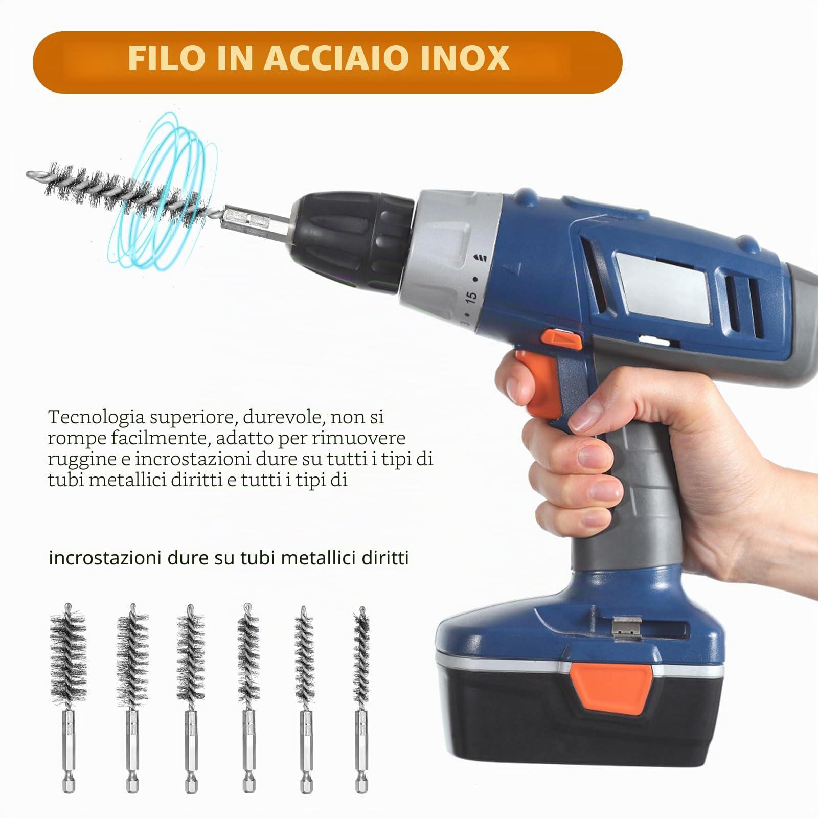 Set di 12 Spazzole Metalliche: 6 in Acciaio Inox e 6 in Rame, Cilindrica Rotonda con Asta Esagonale, Forata per Lucidatura, Levigatura, Rimozione