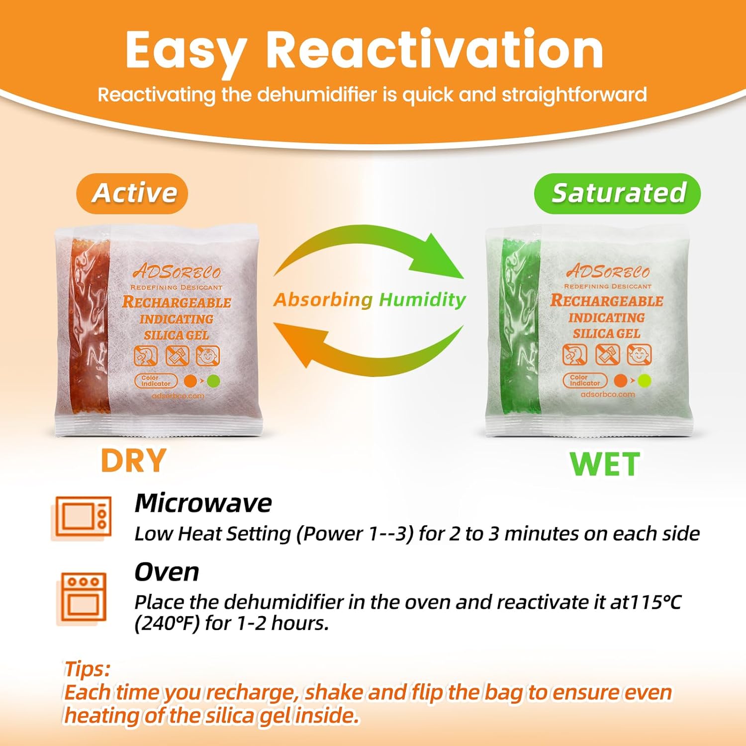 Adsorbco Rechargeable 200 Gram 10 Packs Desiccant, Indicating Silica Gel Packets, Moisture Absorbers for Storage, Gun Safe Dehumidifiers