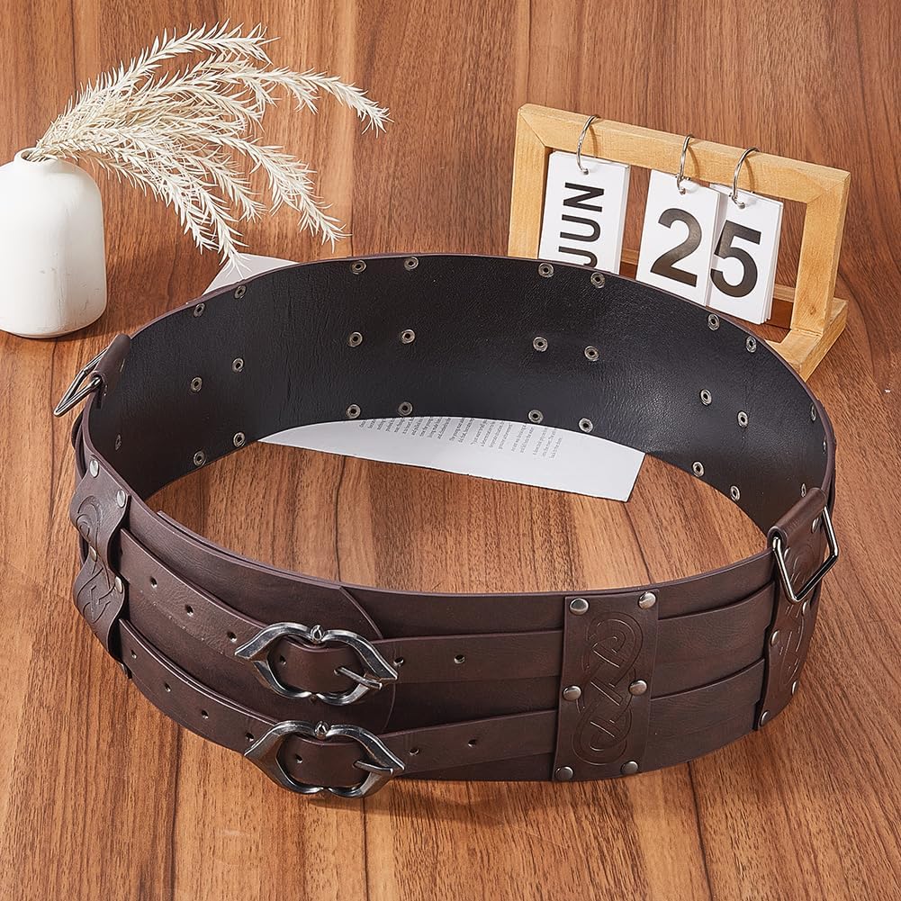 GORGECRAFT Wide PU Leather Viking Embossed Armor Belt Medieval Knight Corset Belt Adjustable Renaissance Vintage Dark Brown Leather Waistband with Buckles for Men Women LARP Halloween Ren Faire - Image 3