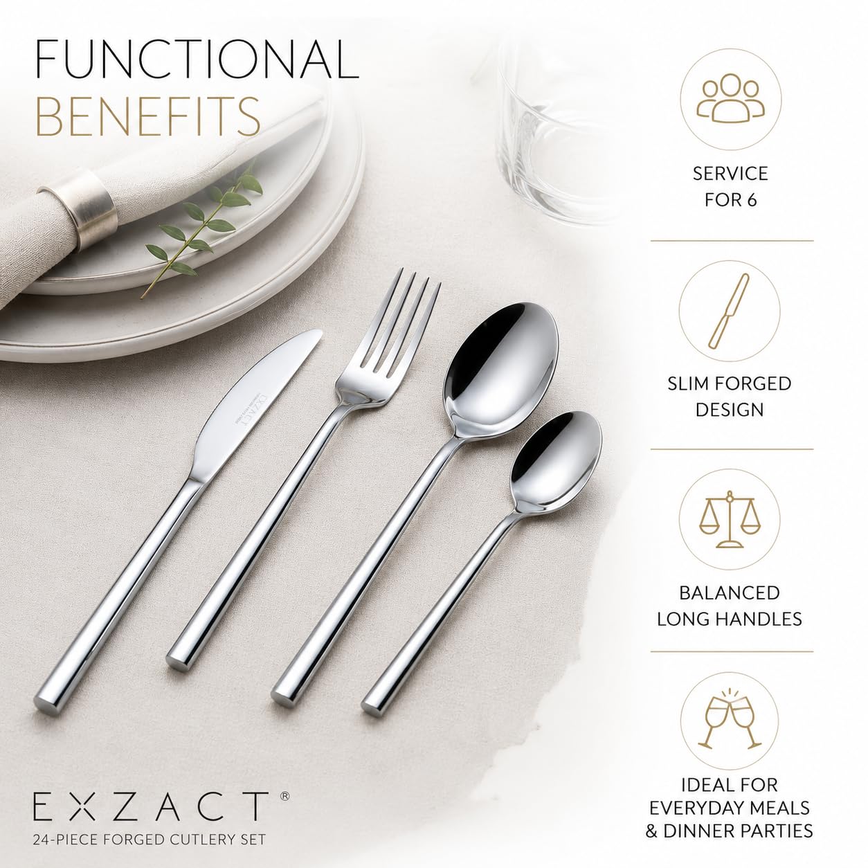 EXZACT Posate in Acciaio Inox 24 Pezzi - 6 Forchette, 6 Coltelli Cena, 6 Cucchiai Cena, 6 Cucchiaini (EX963 x 24)