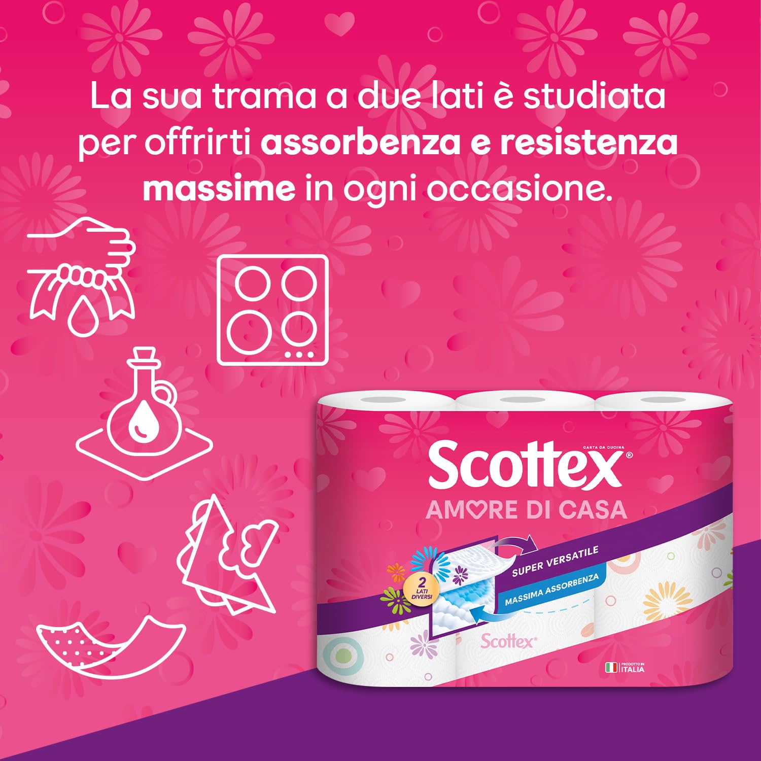 Scottex Amore di Casa, Carta da Cucina, 21 Rotoli da 68 Strappi, Carta Assorbente, Rotoloni carta per la Cura di Casa e cucina