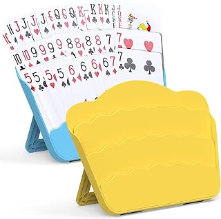 RESOVO Foldable Playing Cards Holders Stand - 3-Layer Design for Poker UNO, Set of 2 (Blue + Yellow) - Arthritis Seniors Kids Friendly