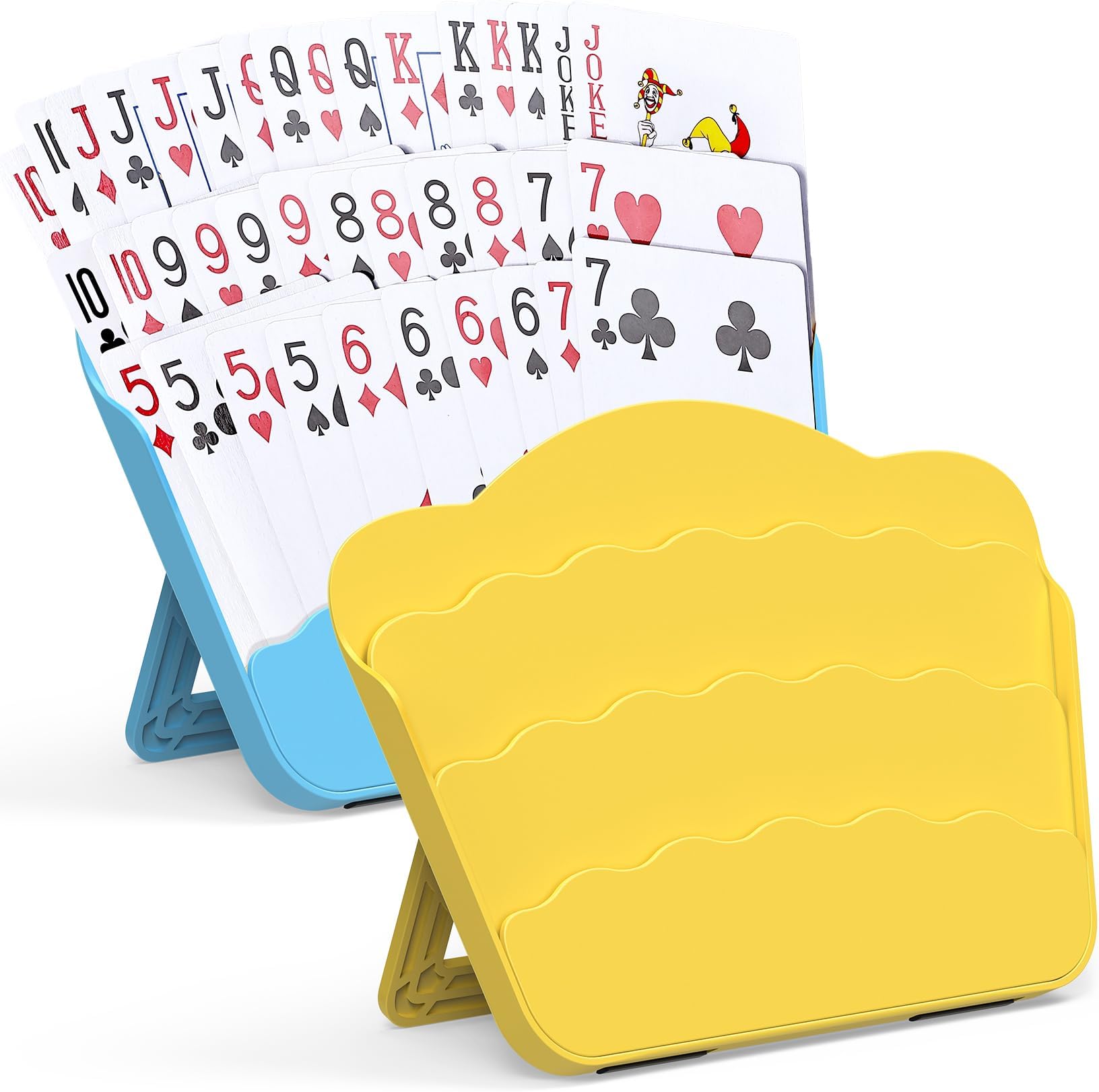 RESOVO Playing Cards Holders Stands Decks w/Foldable Tabletop Stand, 3 Layers Design for Poker UNO Cards, Playing Card Accessories, Set of 2 (1 Blue + 1 Yellow)