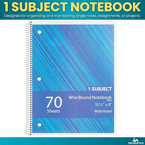 Miniatura 7 de 1InTheOffice Cuaderno de espiral con rayas universitarias de 10.5 x 7.5 pulgadas, cuadernos de 1 materia, cuadernos de espiral encuadernados con