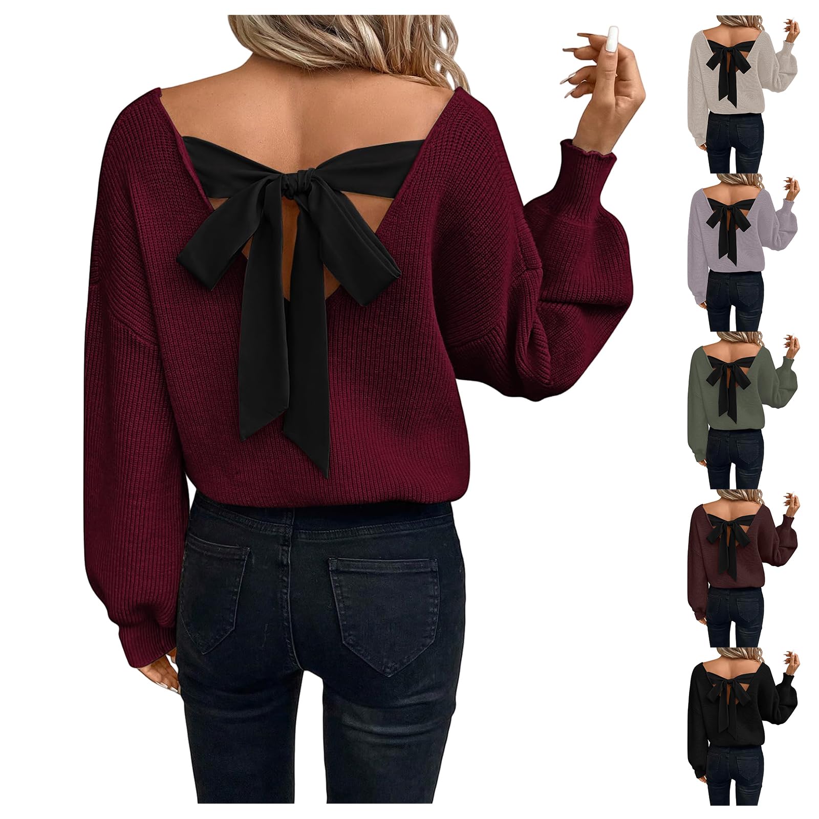Sweaters for Women Sexy Backless Bow Tied Sweaters Long Lantern Sleeve V Neck Loose Fit Knit Tops Pullover