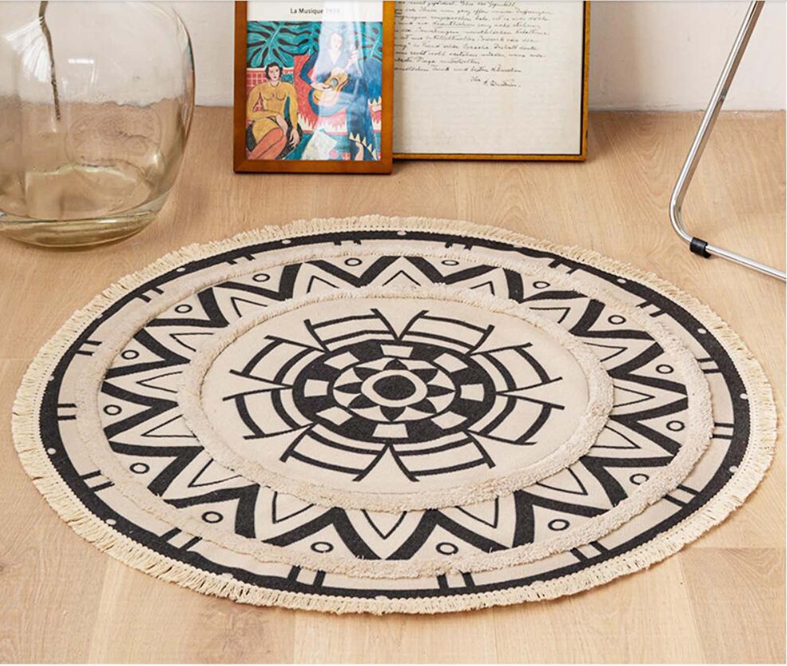 Duże okrągłe dywaniki Czeski dywan Chic Mandala Dywan Drukowany frędzel Bawełniana tkana mata podłogowa do sypialni Salon Można prać w pralce, 90 cm / 35,43 cala needed
