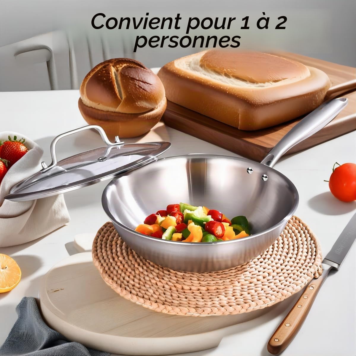 LOLYKITCH Wok Inox 26 cm, Sans Revêtement, Induction, Tous Feux, Four et Lave-Vaisselle