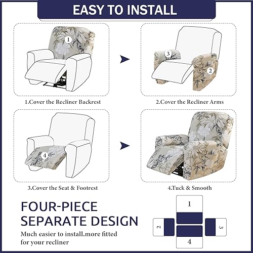 Miniatura 50 de Funda reclinable, elástica, suave, antideslizante, para silla reclinable, 4 piezas, protector de muebles para sillón reclinable con bolsillo