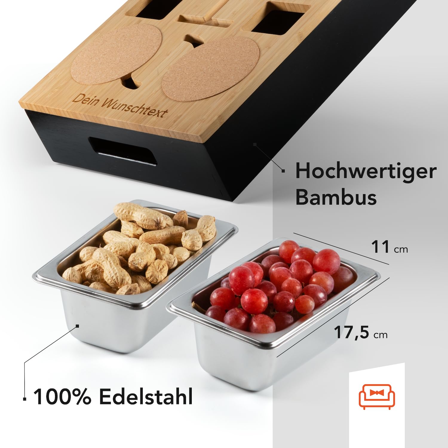 Couchbar Snackbox Personalisierbar aus Bambus inkl. Geschenkbox | Sofa Tablett mit 2 Snackschalen, 2 Getränkehalter mit Untersetzer, magnetischer Deckel, Handyhalterung (Schwarz, Ohne Gravur)