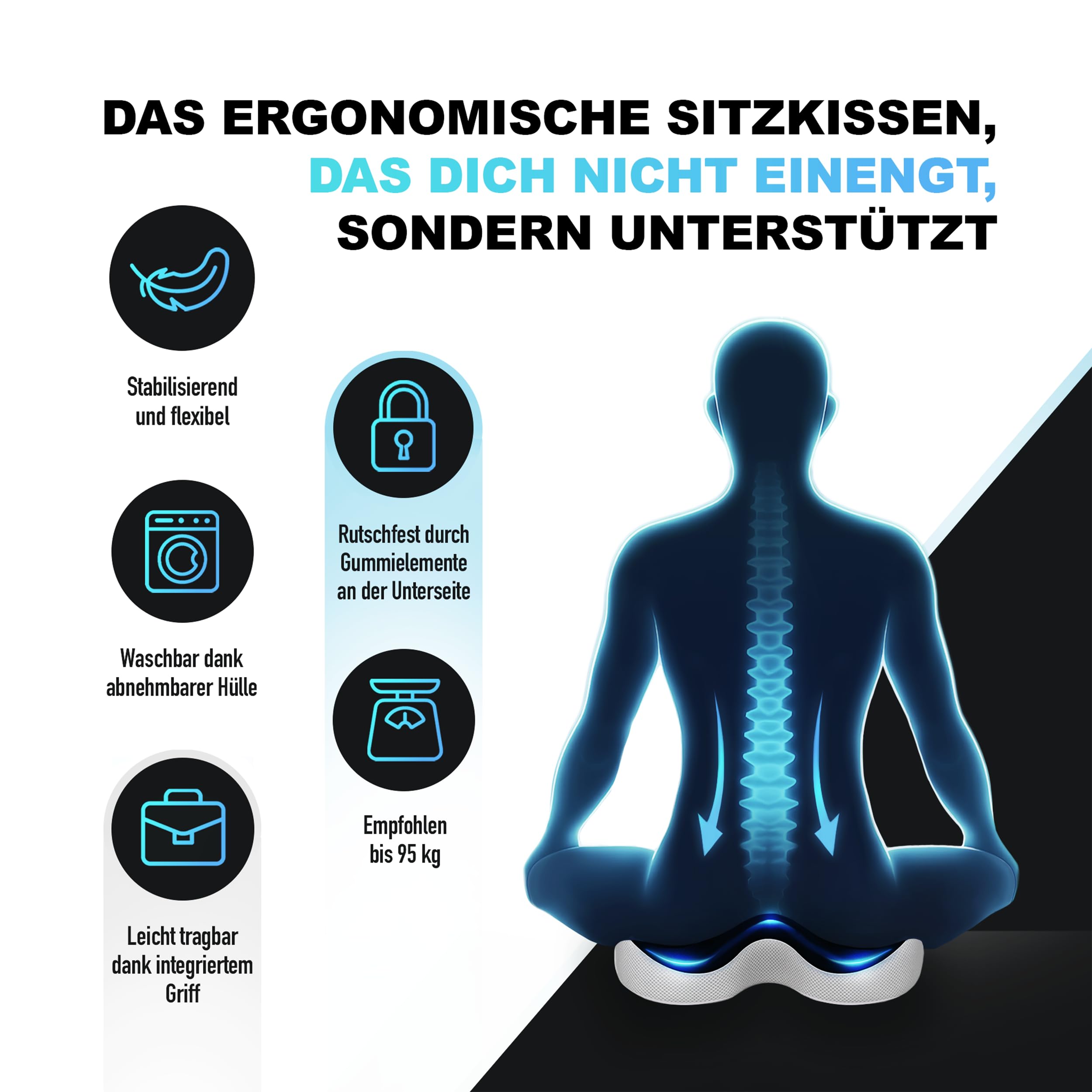 Reketach - Cuscino ortopedico con memory foam, ergonomico, per ufficio, auto e casa, contro mal di schiena, emorroidi e sciatica, lavabile, traspirante, consigliato fino a 95 kg