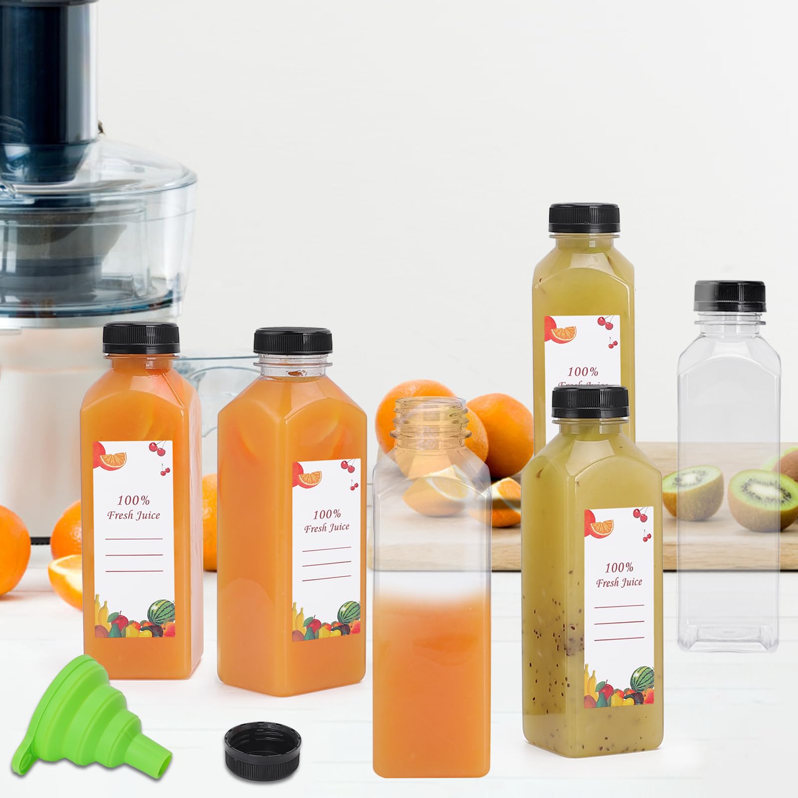 OBKJJ Botellas de plástico para jugo, 150 botellas de agua vacías de plástico de 16 onzas con tapas, reutilizables, transparentes, recipientes para bebidas, jugos, batidos, agua con 2 cepillos, 2
