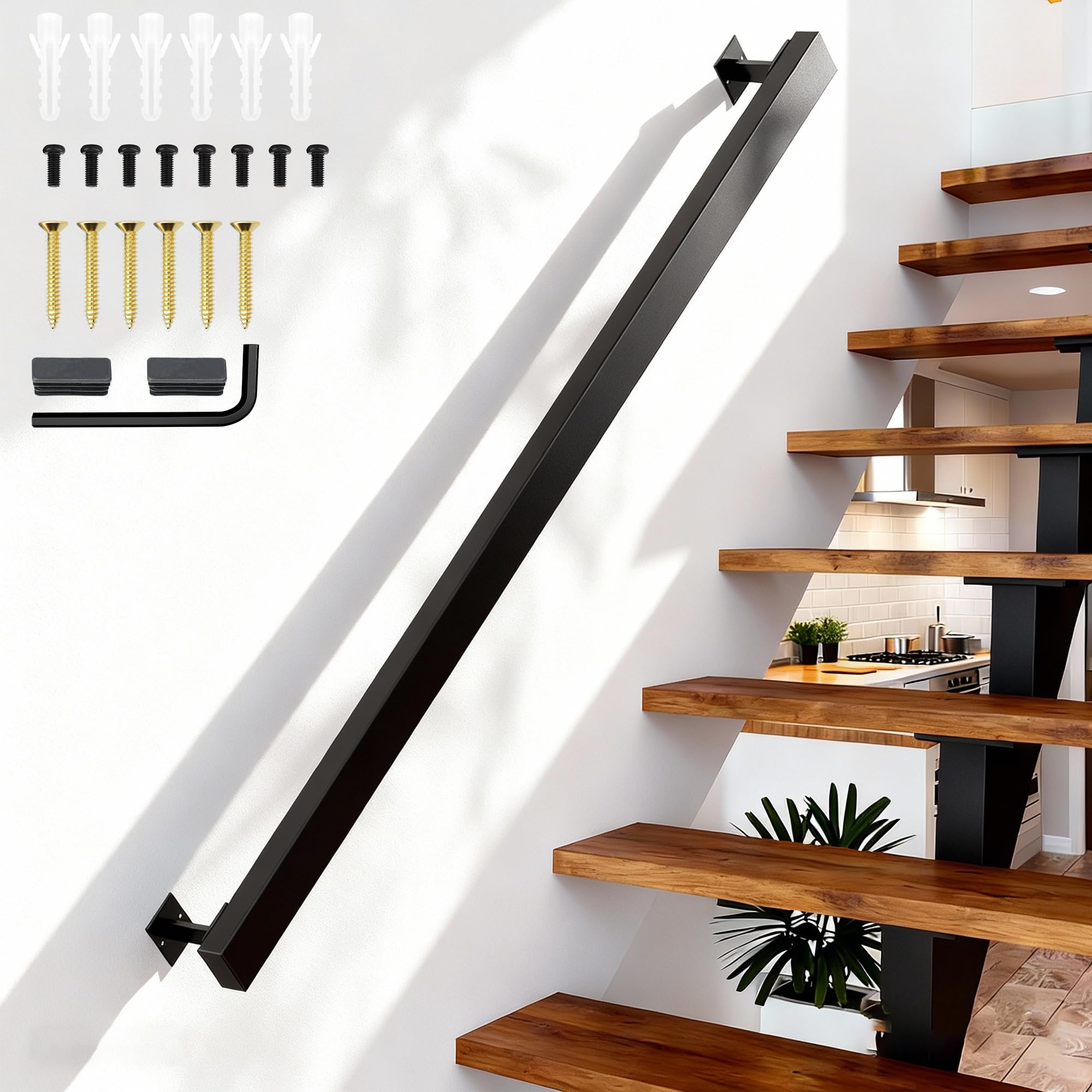 Pasamanos para Escaleras de Metal, Color Negro Mate, Barandilla Escalera, pared interior con soporte de pared y tapas finales, pasamanos para Interiores y Exteriores pared Loft Ancianos (140cm)