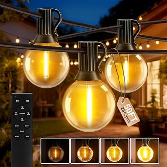 Outdoor String Lights, 50FT/15m 25+2 LED G40 Bulbs Garden Lights Mains Powered with Remote Control Dimmable Timer, Waterproof Festoon Light for Balcony Gazebo Patio Pergola [Energy Class F]
