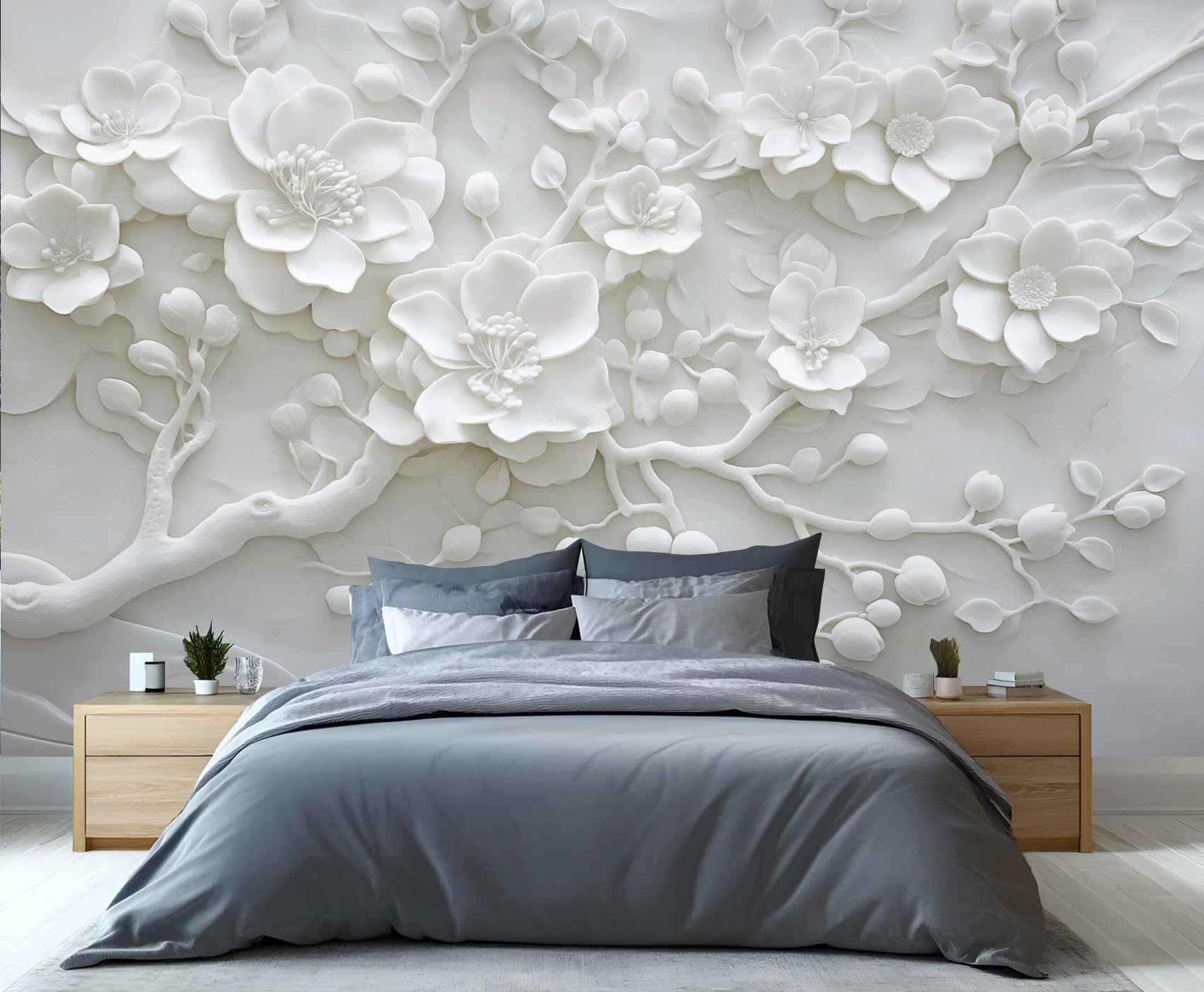 GIVLWF Tree Wallpaper, 3D Embossed Leaves Bedroom Wallpaper, Elegant White Wall Paper for Living Room, Not Self Adhesive Light Luxury Wall Mural, Beauty Large Mural & Room Decor