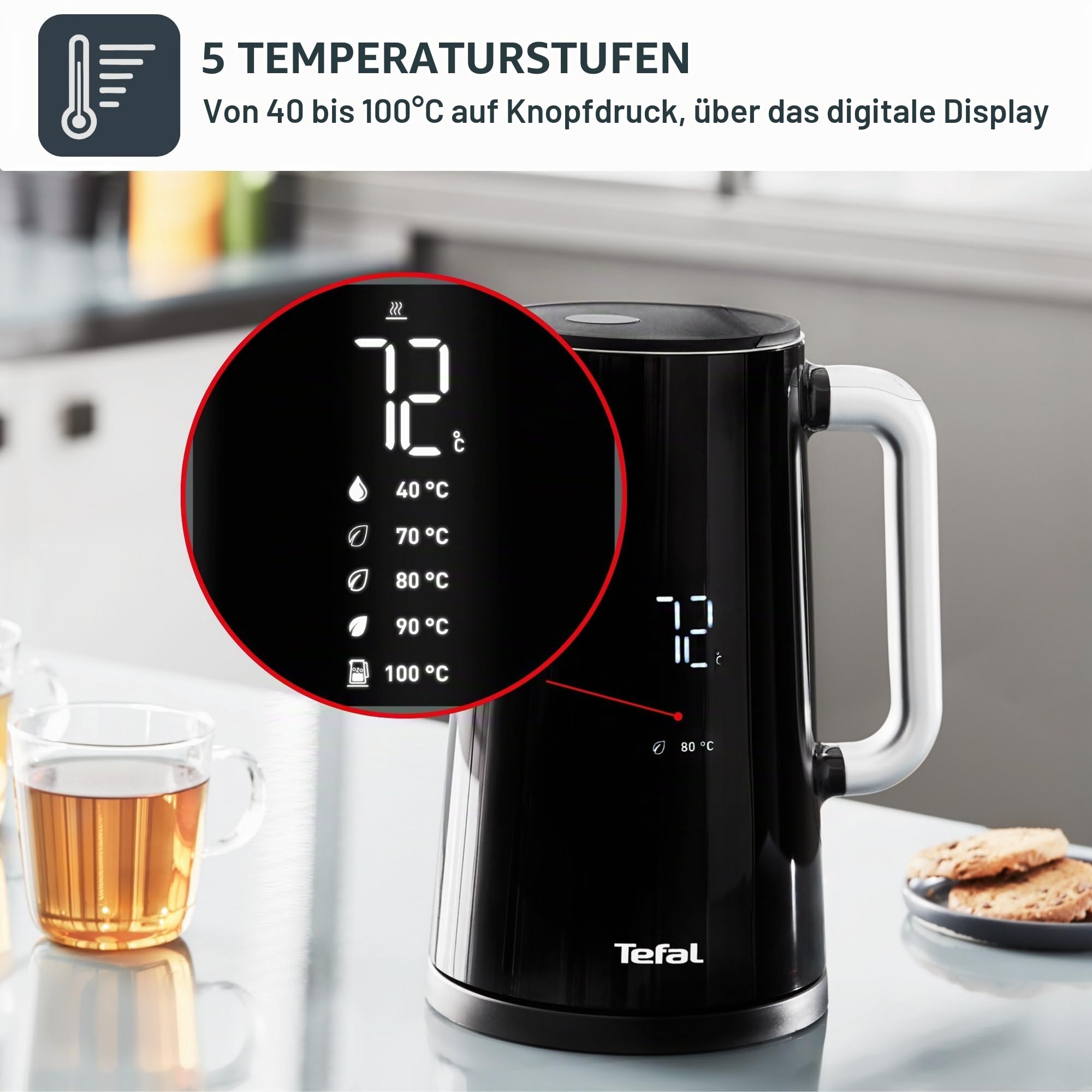 Tefal Smart & Light, digital, 7 Positionen, Schwarz Wasserkocher Schwarz