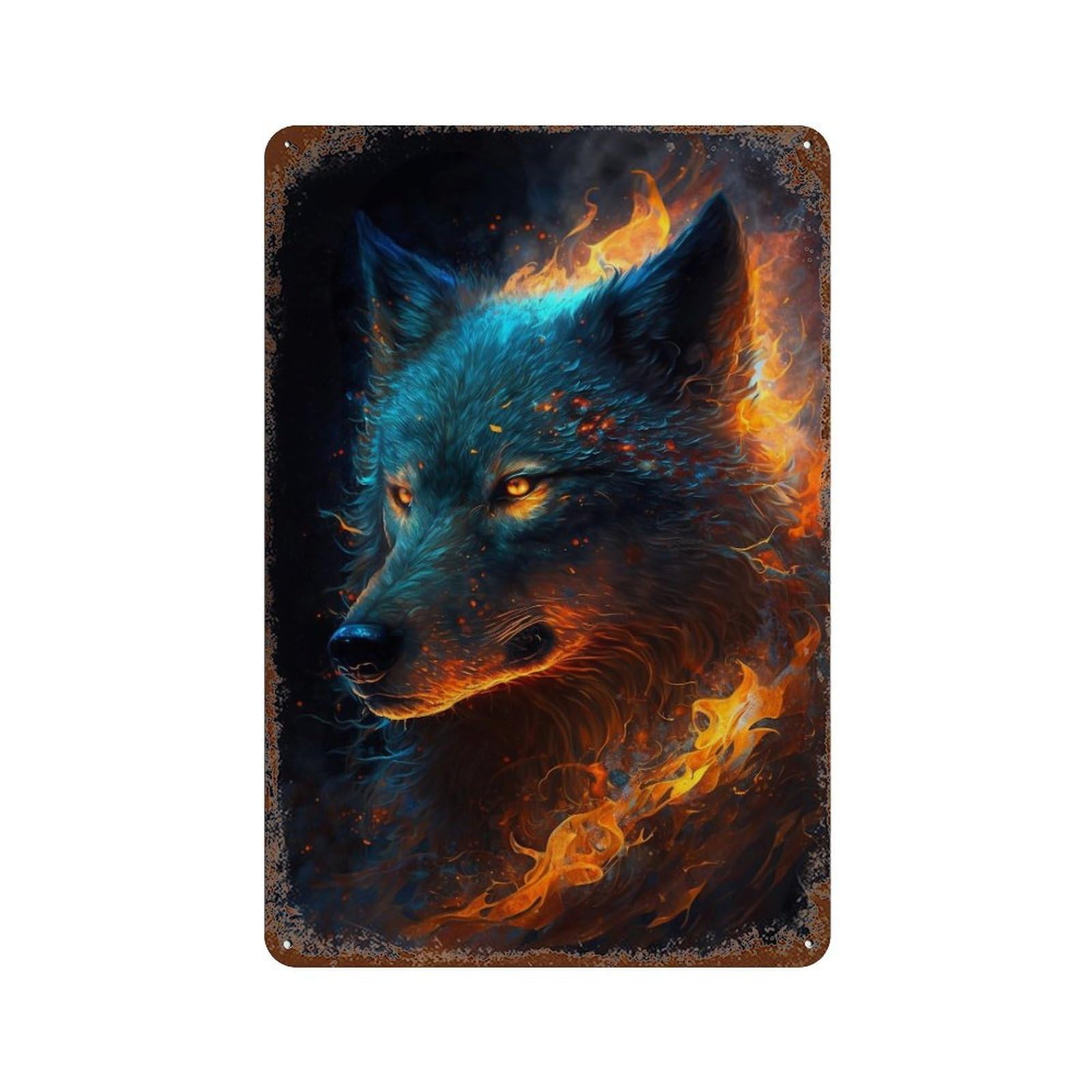 Flaming Wolf Art Print -5 11.8"x7.9" Weathered Tin Sign, Shabby Chic Decor for Cafe, Home Bar And Lounge Decor