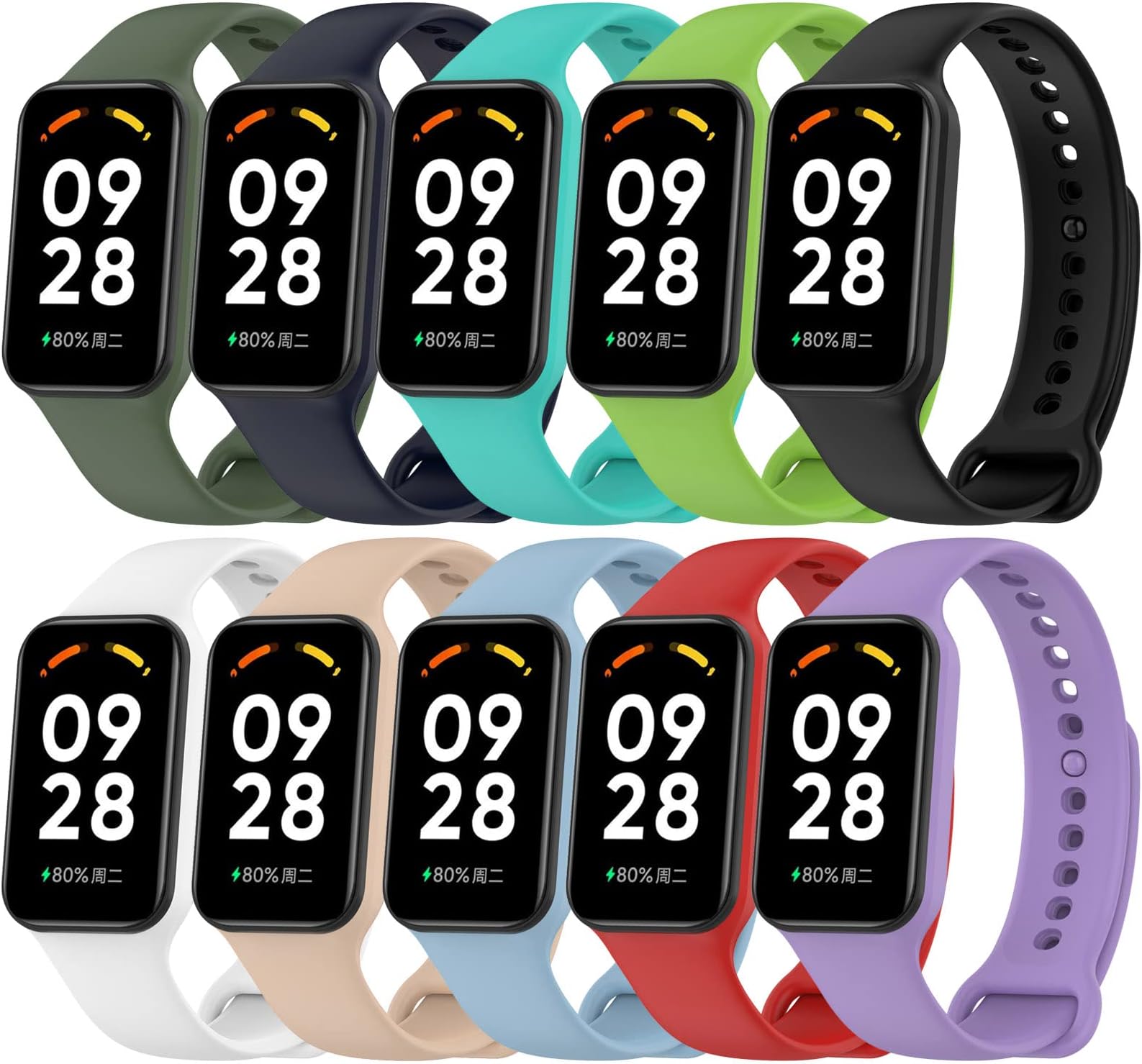 FitTurn [10 pack Sport Watch Bands Compatible with Xiaomi Smart Band 8 Active/Redmi Band 2 Strap,Silicone Adjustable Soft Coloful Bands TPU Wristband Bracelet Sport Strap for Xiaomi Redmi Band 2