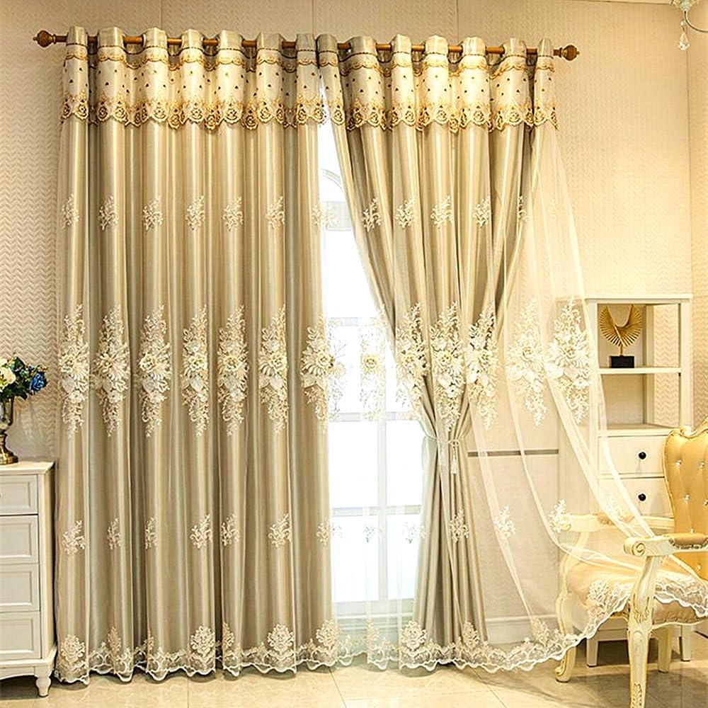 Amidoudou 1 Pair Luxury European Curtains with Valance for Living Room Bedroom Double Layer Embroidered Curtains (Gold,52x84 Inch)