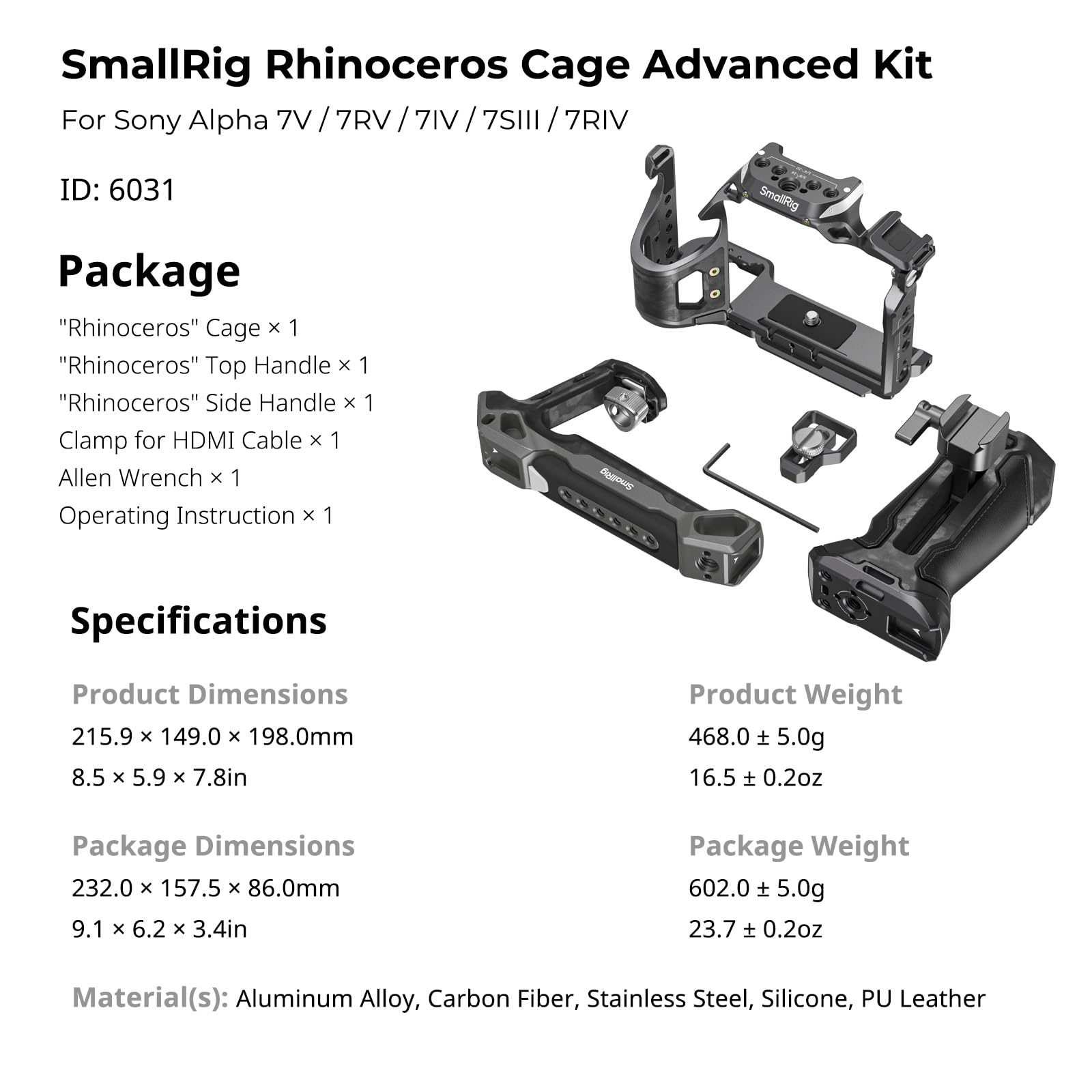 SmallRig Kit avanzato per gabbia rinoceronte A7 V/A7R V/A7 IV per Sony Alpha 7 V/Alpha 7R V/Alpha 7 IV/Alpha 7S III/Alpha 7R IV, con maniglia superiore, maniglia laterale, morsetto cavo per HDMI