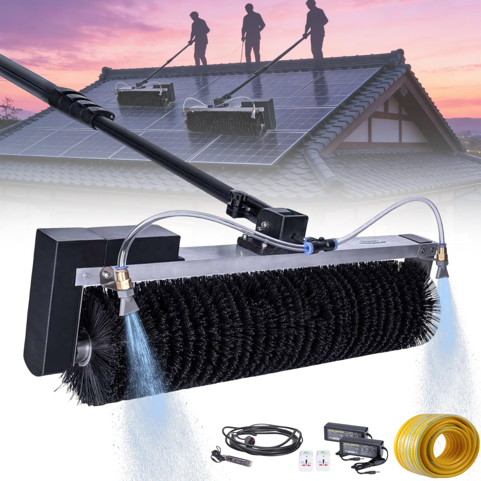 Kit palo di Pulizia Alimentato ad Acqua per Esterni per Pannelli fotovoltaici/solari e finestre, Spazzola Rotante Automatica | Larghezza Pulizia: 60 cm | Portata dell'asta telesco(7.5m/25ft)