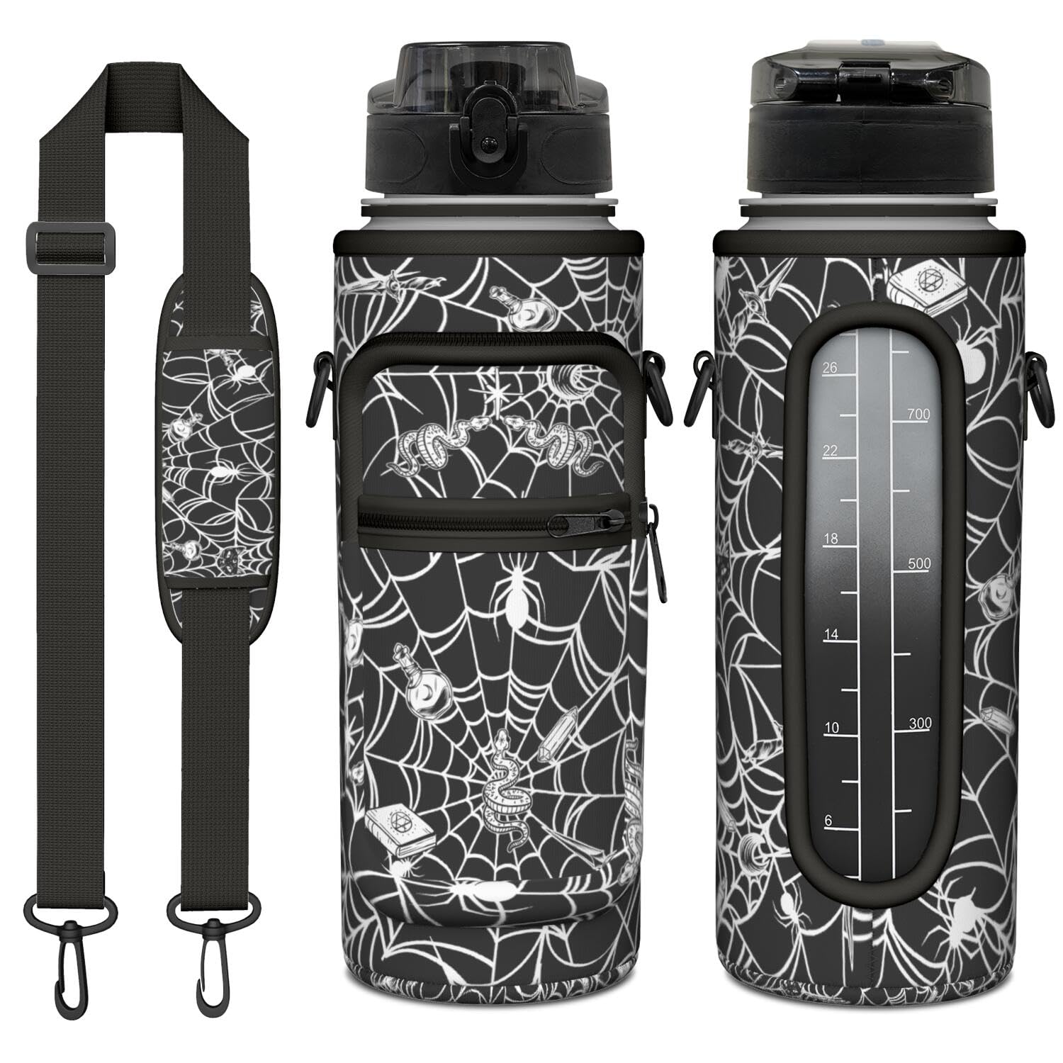 Halloween Half Gallon Water Bottle with Sleeve - Flip Top Bpa Free 32 OZ - Motivational Time Marker Leakproof Water Jug - Gothic Witchy Gifts for Women - Spider Web Snake for Gifts