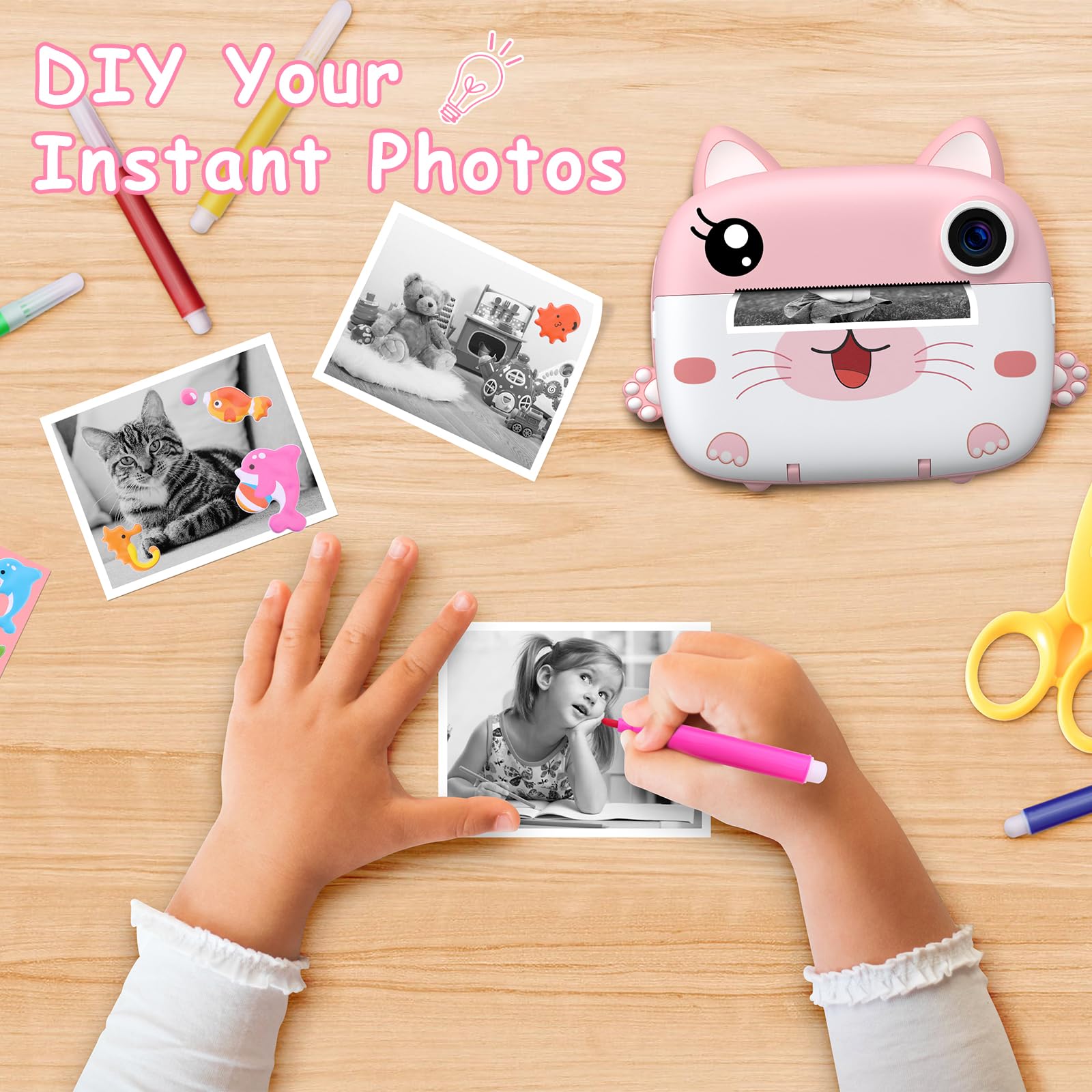 Child coloring a black and white instant photo with colored pens