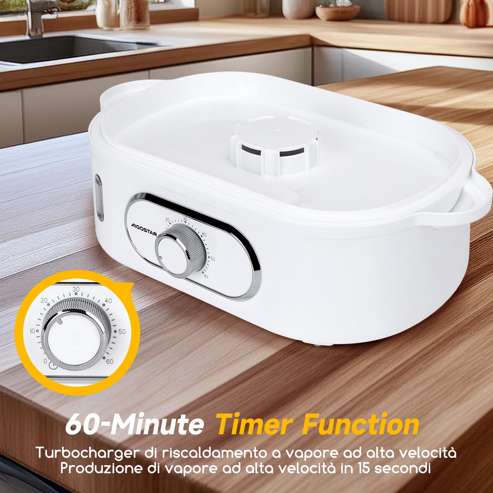 Aigostar Elektrischer Dampfgarer 12L mit Timer, Dampfgarer mit 3 stapelbaren Behältern, Reiskocher & Eierhalter, 60-Minuten-Timer, spülmaschinengeeignet 900 W weiß (Modell: Fitfoodiepro)
