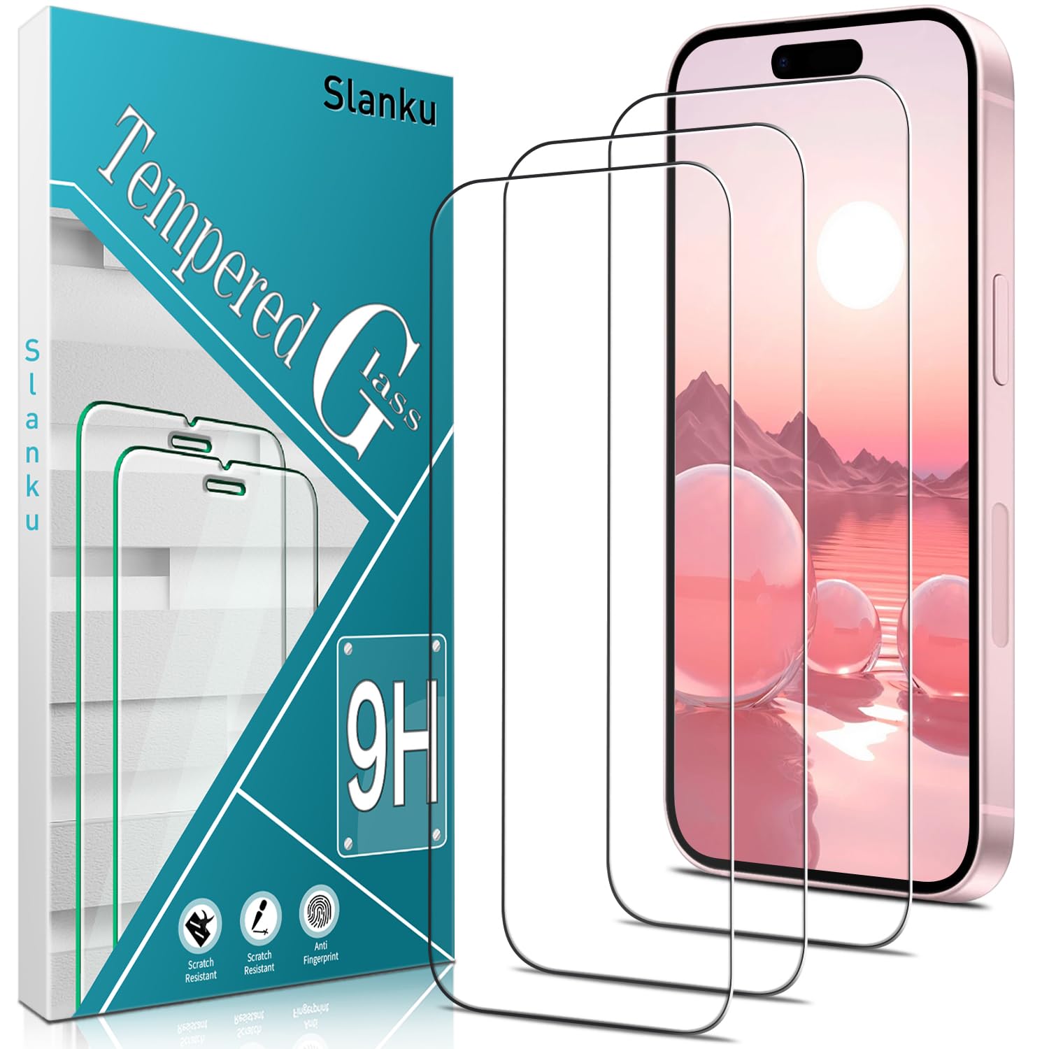Slanku [3 Pack Screen Protector for iPhone 16 Tempered Glass, Full Coverage Protection, No Bubbles, Anti-Scratch, Easy to install
