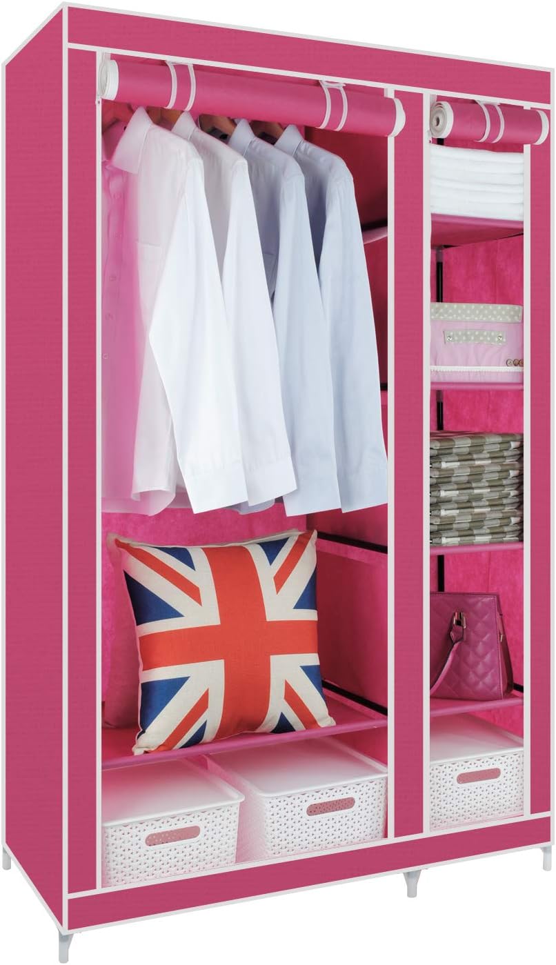 HST Mall [Upgrade Version] Double Canvas wardrobe Cupboard Clothes Storage Solution with Hanging Rail + Storage Shelves 110cm x 45cm x 175cm Pink