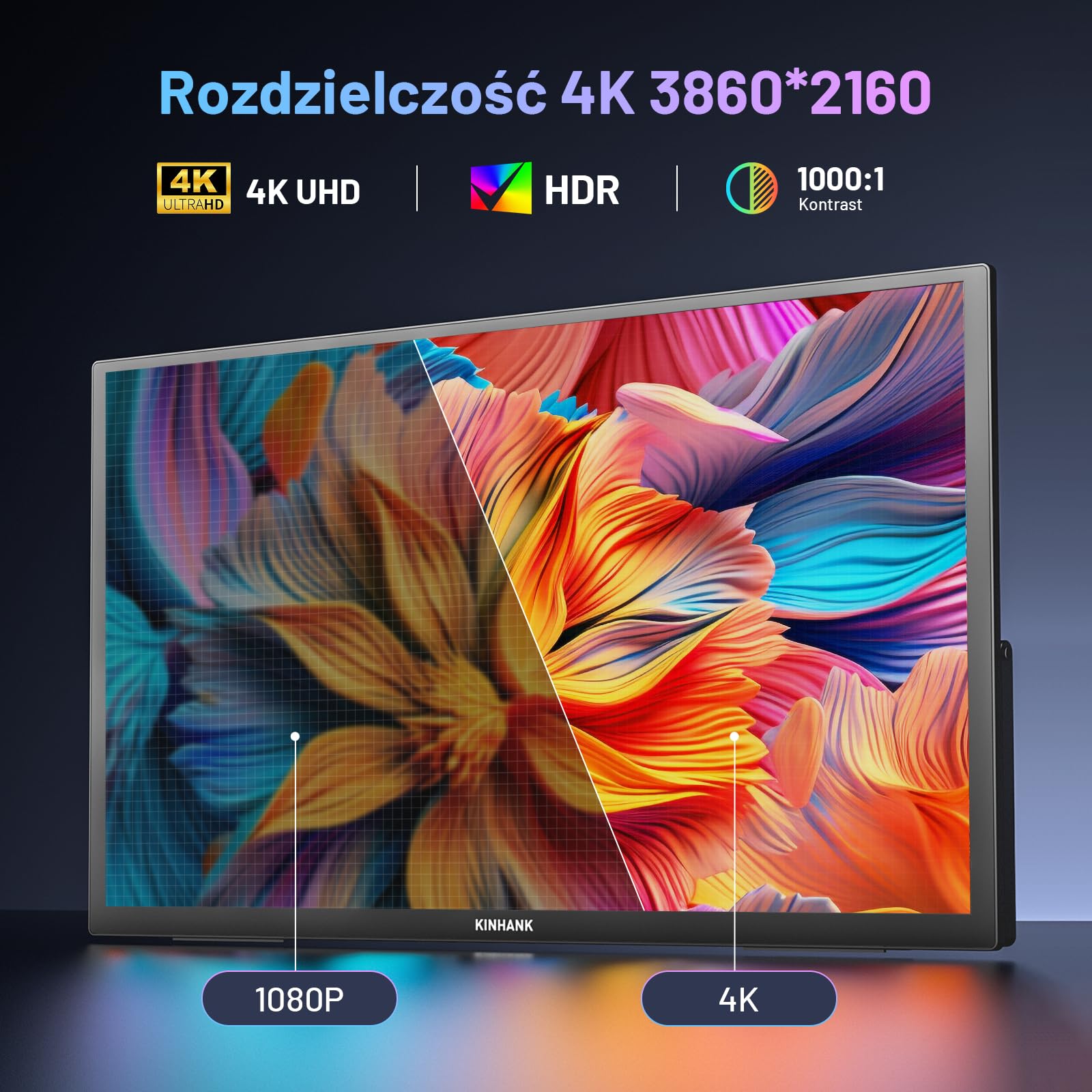 Przenośny monitor 4K 18", 3840 × 2160 UHD, przenośny monitor z systemem GTV OS, HDR, 85% NTSC, USB-C i HDMI, zewnętrzny ekran do komputera, komputera, PS5, PS4, Xbo/telefonu/konsoli do gier