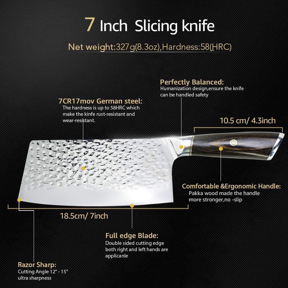 Guang Couteaux de Cuisine 7CR17 Forgé en Acier Inoxydable Full Tang Butcher Hacher la Viande Trancher Santoku