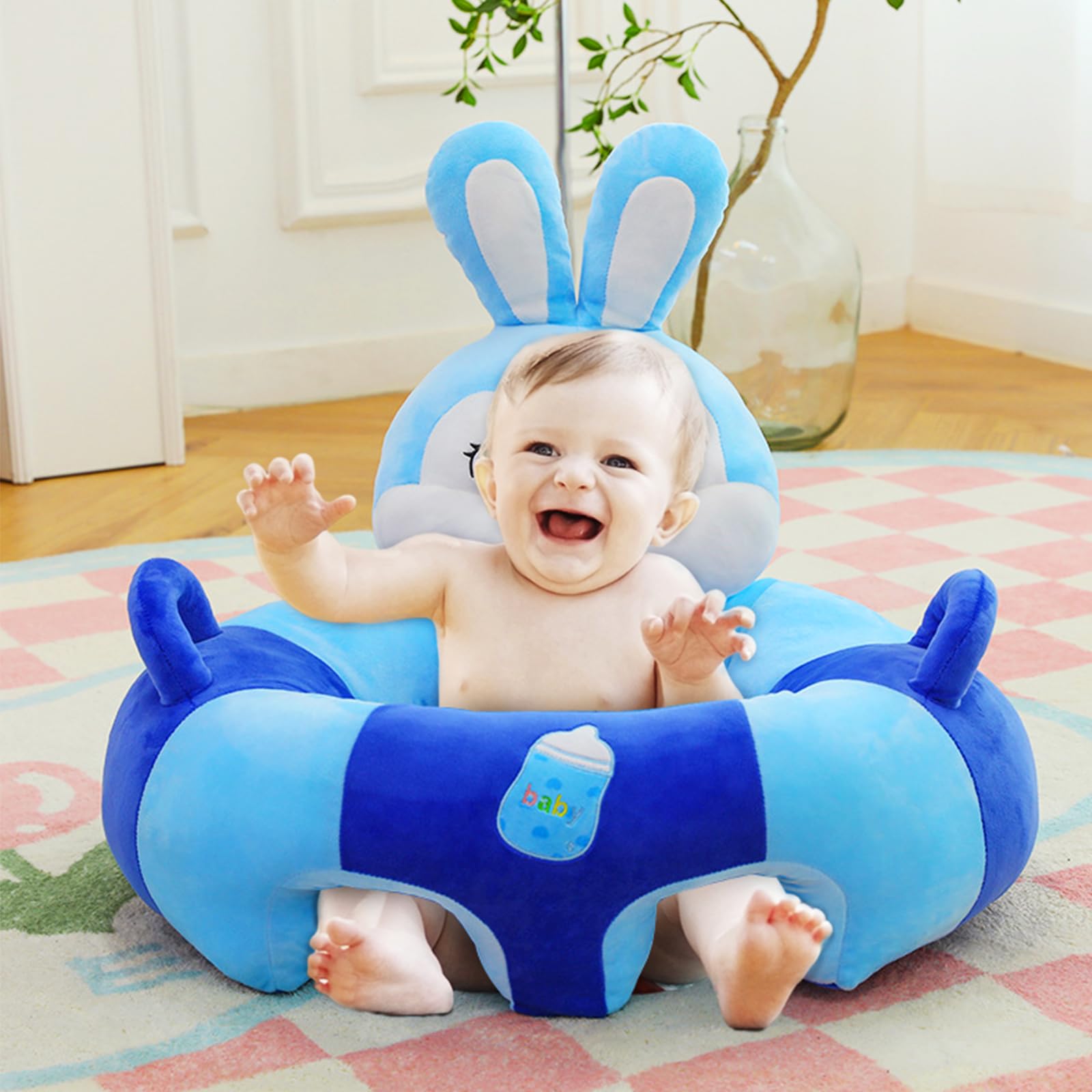 HEVOY Baby Seat for 3-24 Month, Infant Back Support Learn to Sit Chair, Plush Cartoon Animals Baby Sofa, Toddler Floor Seater for Sitting Up, Portable Sit Me Up Activity Seat (Cloud Pink Rabbit)