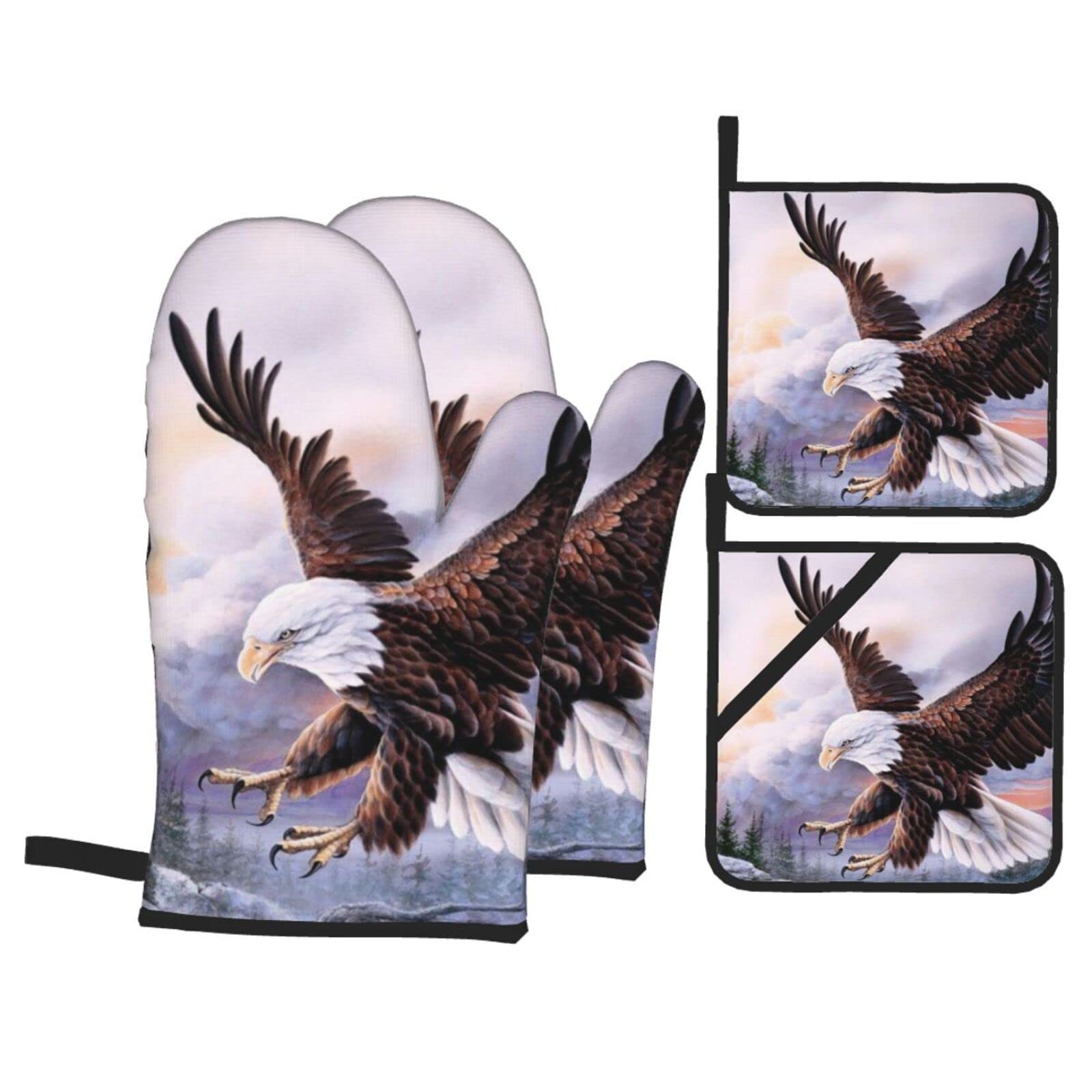Bald Eagle Print Kitchen Baking Four Piece Set of Heat Resistant Thick Cotton Oven Mitts for Cooking, Baking and Grilling