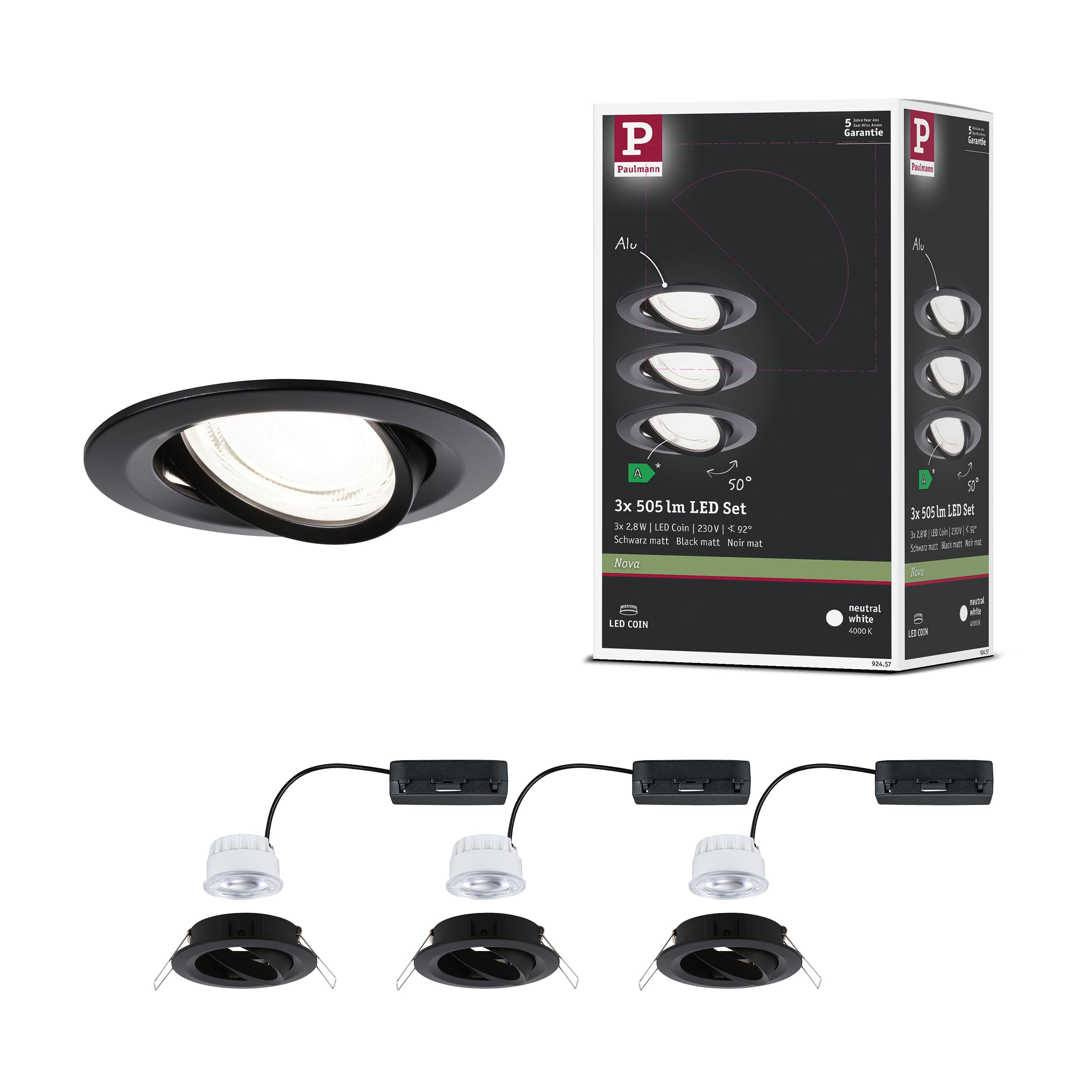 Paulmann LED Einbauleuchte Nova Coin 3er-Set rund 84mm 50° 3x2,8W 3x505lm 230V 4000K Schwarz matt 92457