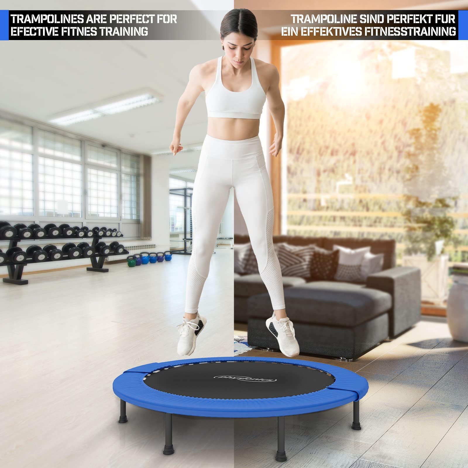 Physionics® Mini Trampolina Fitness - Średnica wyboru (Ø 81/91/96/102/114/122 cm), antypoślizgowe stopy, do użytku wewnątrz/na zewnątrz - trampolina gimnastyczna, trening, skok (114 cm)