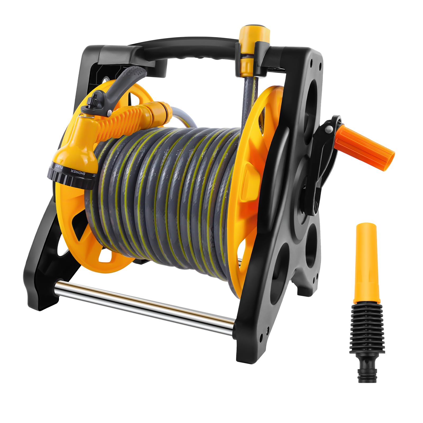Garden Hose Reel with 30M Hosepipe & 7 Patterns Adjustable Spray Gun, Portable Hose Pipe Reel Retractable and Rewind for Patio Cleaning, Hose Holder Garden Accessories for Lawn Rooftop Watering