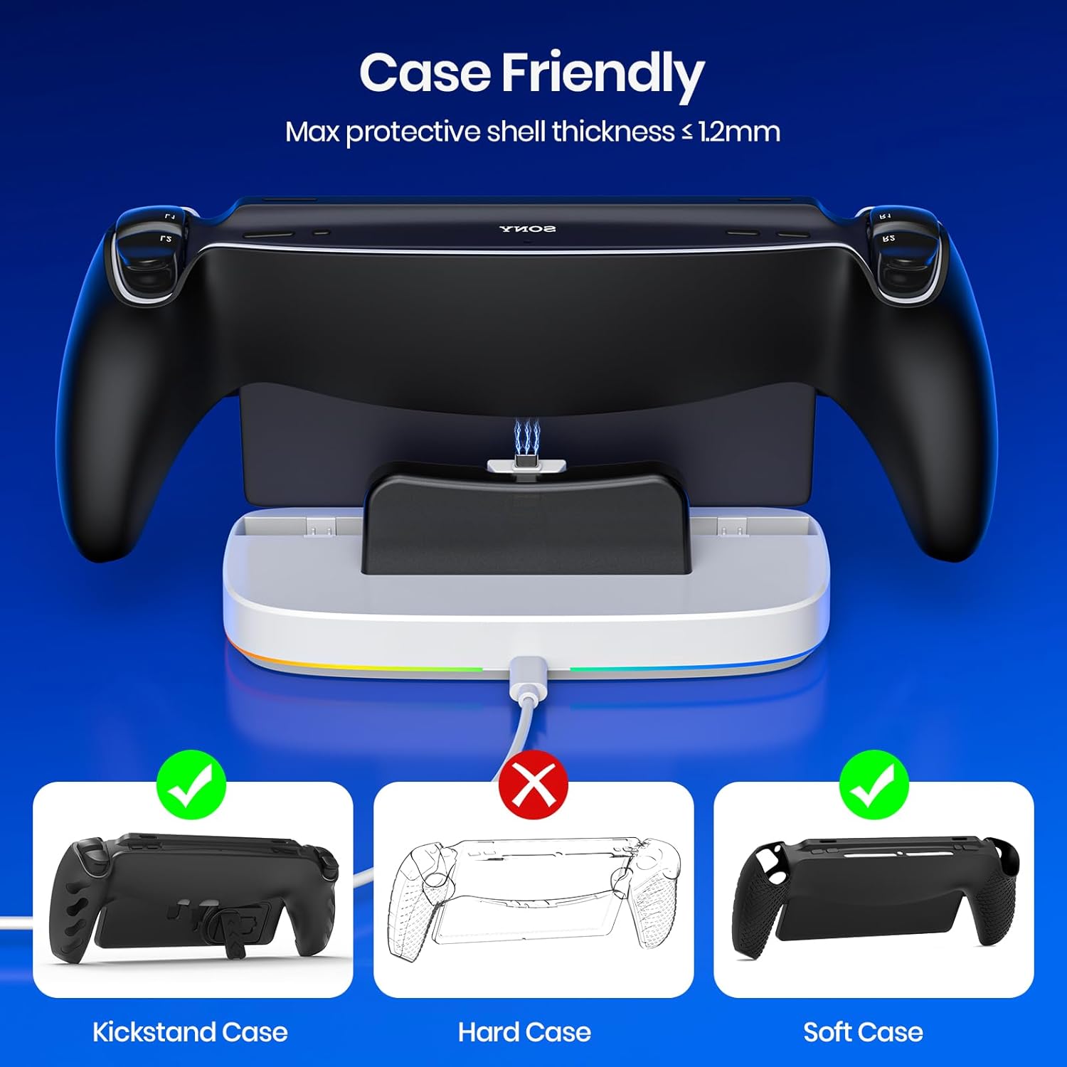 NEWDERY Charger Dock for PS Portal, Portable Charging Station with RGB Light and Type-C Cable, Case-Friendly Magnetic Connector Charging Stand for PlayStation Portal Remote Player - Image 5