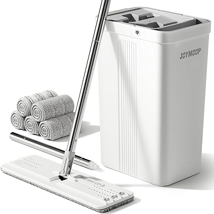 JOYMOOP Mop and Bucket with Wringer Set, White Flat Squeeze Mop Bucket Set for Floor Cleaning, Wet Dry Mops for Walls, Wall Cleaner with Long Handle, Hardwood Floor Mop-5 Microfiber Cloths