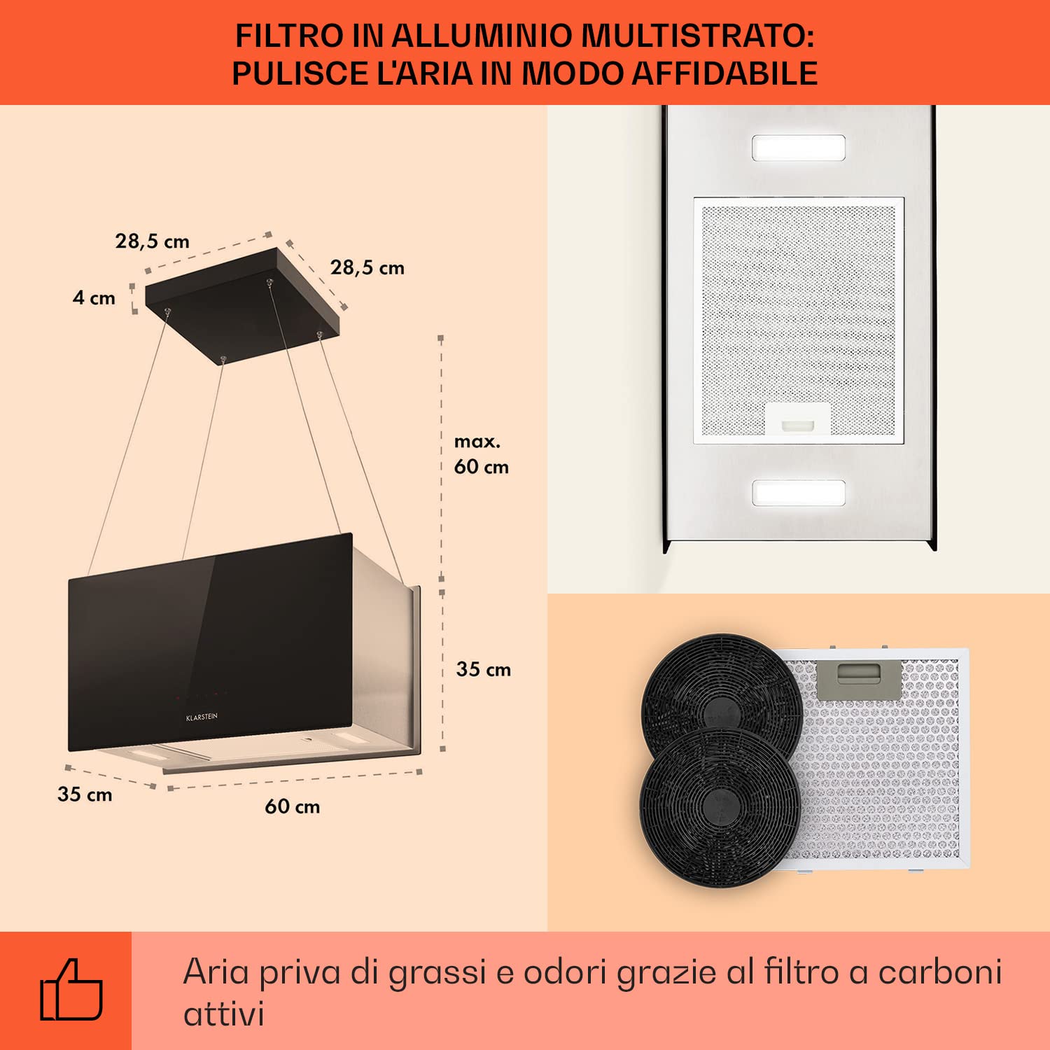 Klarstein Cappa Isola Sospesa, Cappa Cucina con Timer, Flusso d'Aria di 590m³/h, Cappa Sospesa per Isola Cucina con 3 Modalità e Filtri Antigrasso, Cappa Isola Sottopensile con Filtri a Carboni Attivi