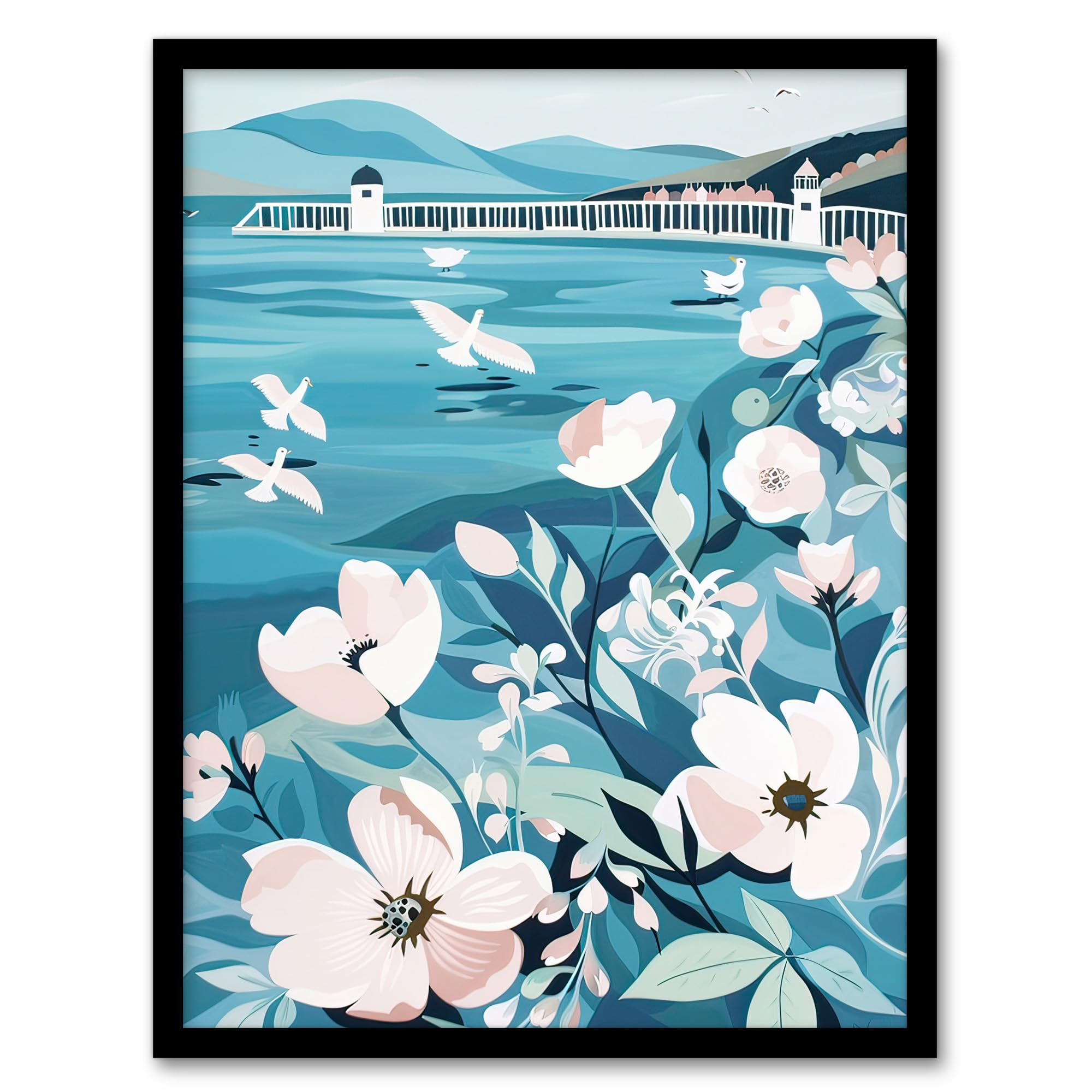 Artery8 Coastal Scottish Pier Seagulls Floral Painting Wall Art PrintA4 Size from B&Q