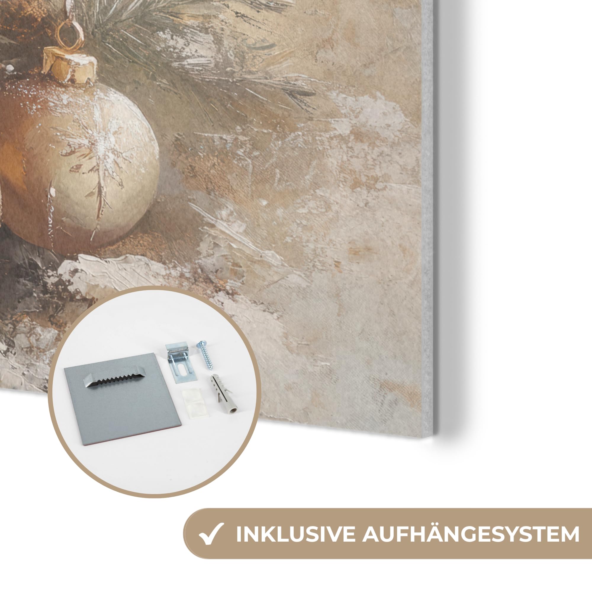 MuchoWow© Bilder aus Filz 90x90 cm Wohnzimmer Deko Modern Wandbild Kunstdruck Bild Schlafzimmer über Bett Room Decor Geschenke Weihnachten - Weihnachtskugeln - Beige - Gold