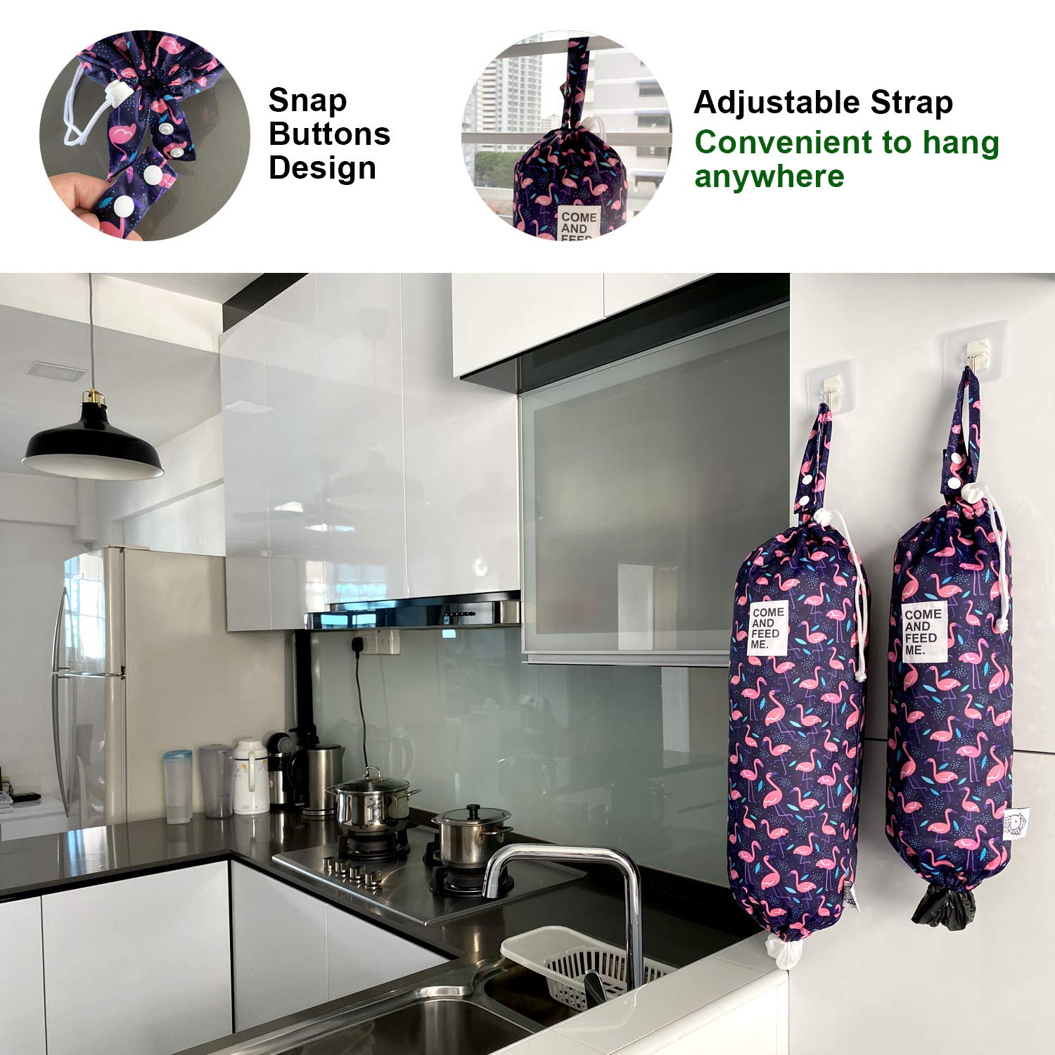 2 bolsas de basura de plástico impermeables para comestibles, organizador de bolsas de almacenamiento de cocina, dispensador de bolsas de almacenamiento de múltiples diseños, tamaños de flamencos