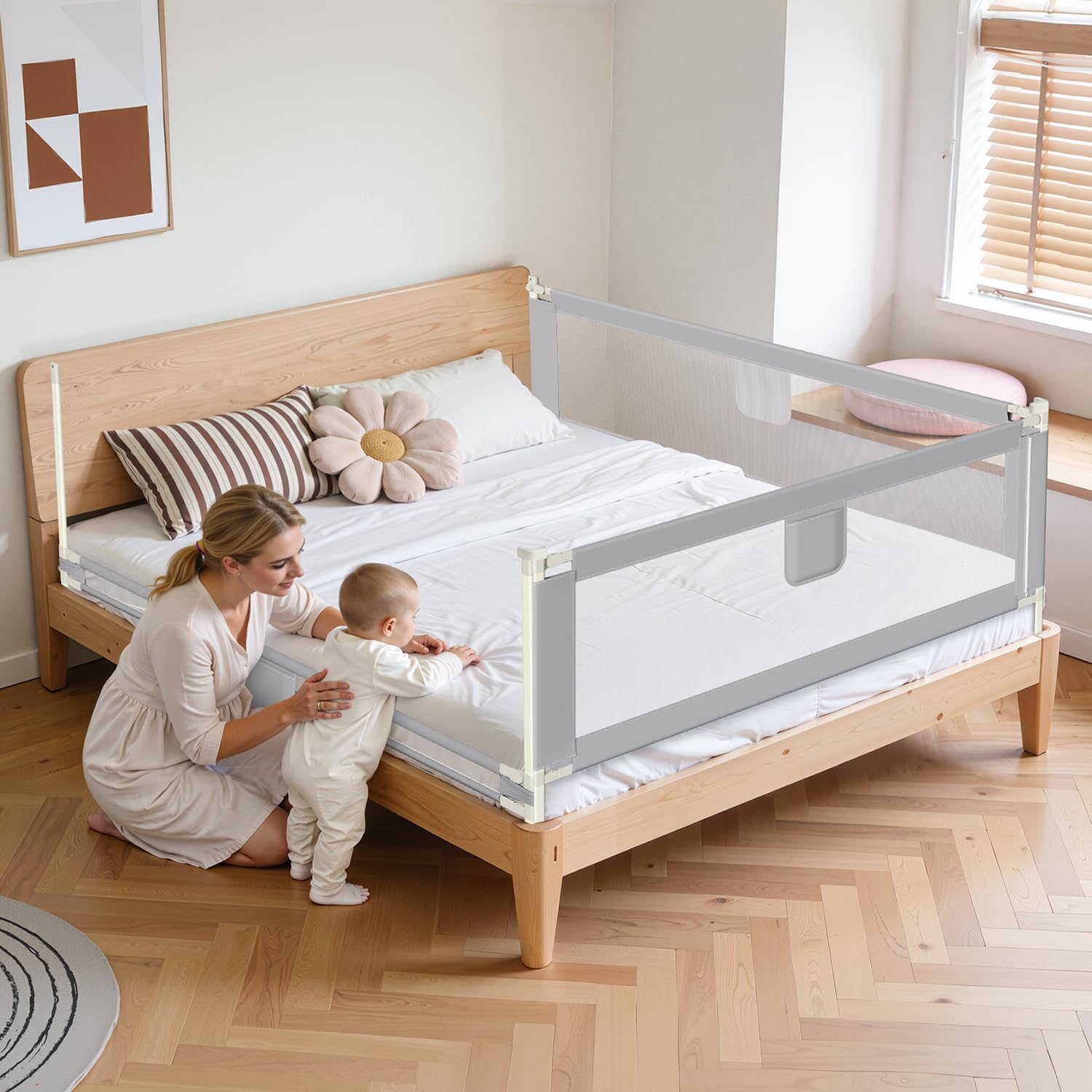 Ikodm - Sponda di protezione per lettino, protezione anticaduta, per bambini e genitori, regolabile in altezza 70-98 cm, 200 cm x 2 + 180 cm x 1, colore grigio