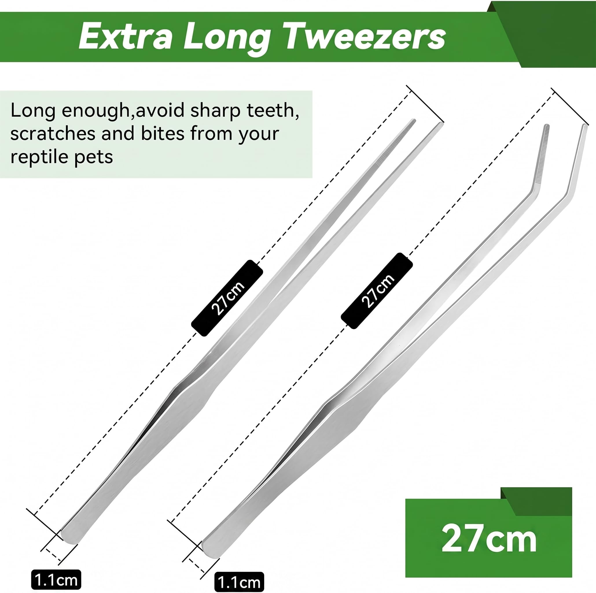 2 pinzas largas para acuario, pinzas curvadas de 27 cm, pinzas de alimentación de reptiles de acero inoxidable, herramientas de terrario, alimentador para lagartos, accesorios de tanque de serpiente