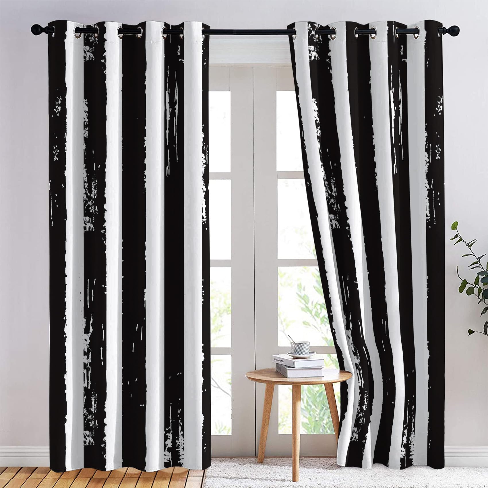 Schwarz Weiß Gestreift Vorhänge, Verdunklungsvorhänge mit Muster Modern, Vorhang Blickdicht mit Ösen, Gardinen für Wohnzimmer Schlafzimmer Deko 2er Set - 160x132 (H X B)