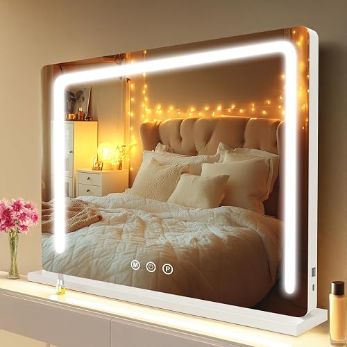 baklon Schminkspiegel mit Beleuchtung,Hollywood Spiegel mit LED Licht Dimmbar Kosmetikspiegel 3 Modi,80 x 60 cm Vanity Spiegel Tischspiegel mit USB für Schlafzimmer Schminktisch