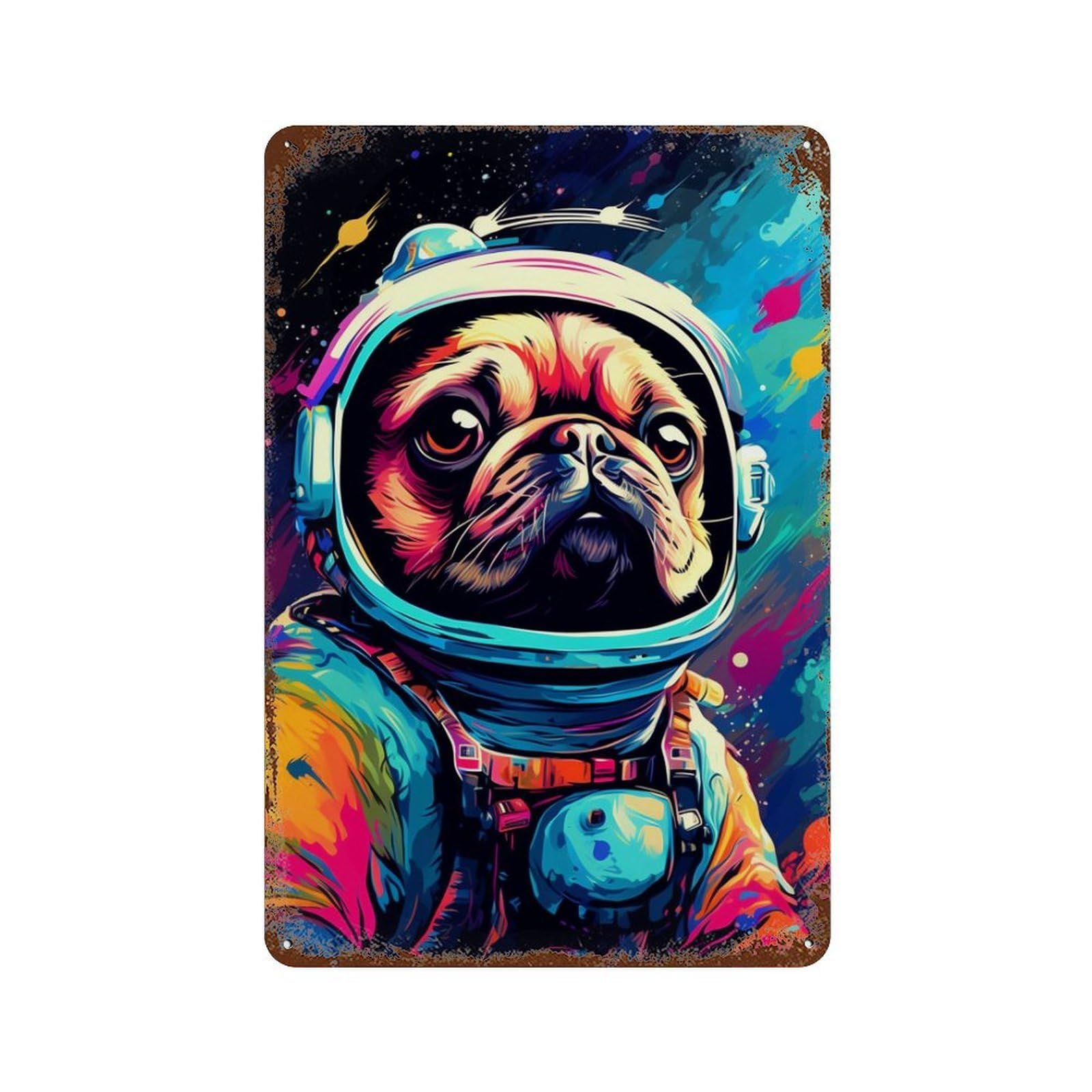 Space Pug Adventure Vintage Wall Sign 11.8"x7.9", Rust Effect Metal Decor for Shed, Workshop And Garage Wall Decor