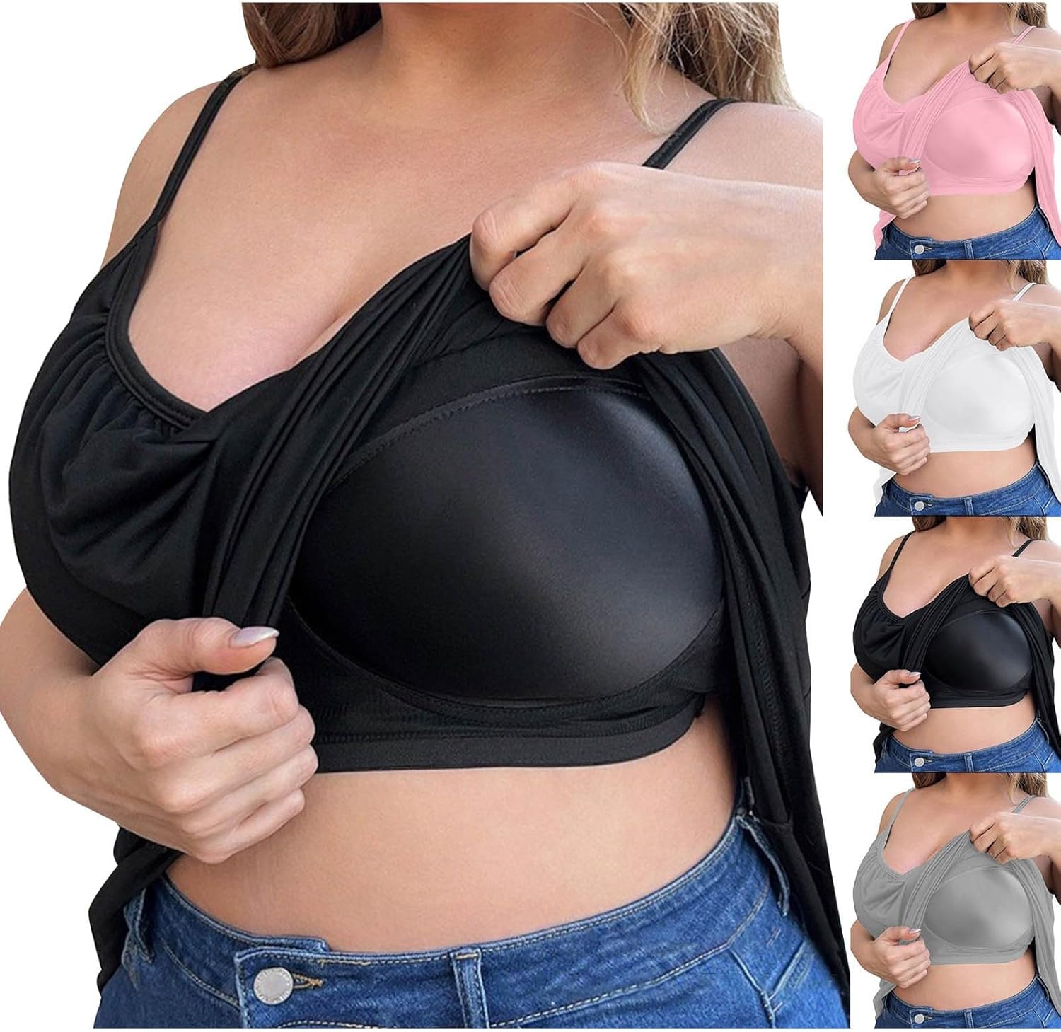 Camisole with Built in Bra for Women - V neck Plus Size Adjustable Spaghetti Strap Tank Tops Loose Fit Undershirts image 2